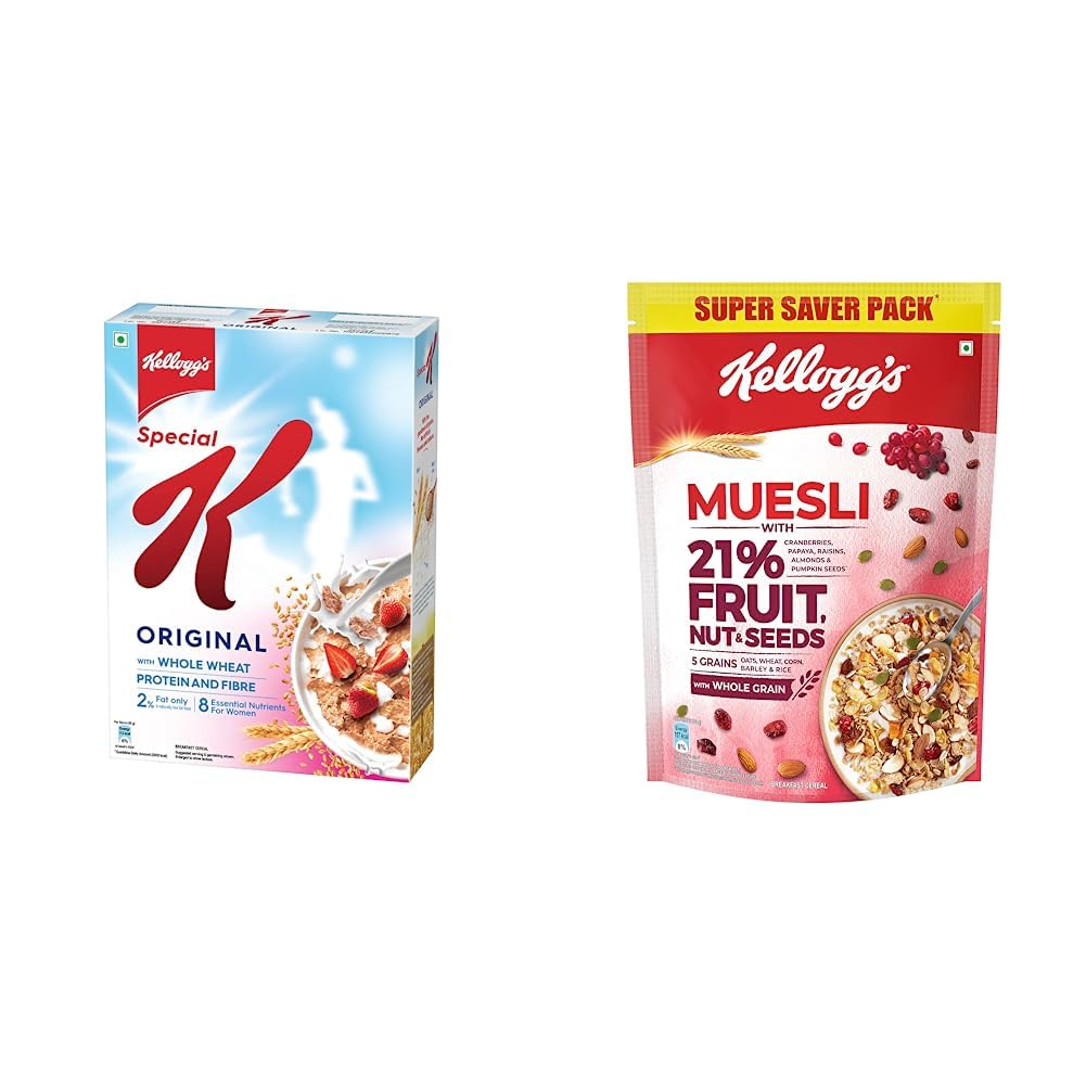 Kellogg's Original Special K Low Fat, High in B group Vitamins, Protein 435g, Kellogg's Muesli 21% Fruit and Nut, High in Iron, 750g Breakfast Cereal, Naturally Cholesterol Free, Source of Fibre