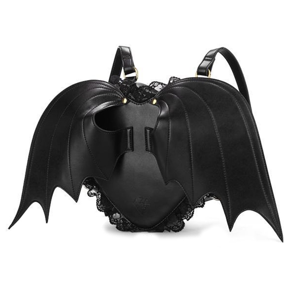 NEEVASFashion Girl Gothic Black Bat Heart Wings Backpack Goth Punk Lace Wing Bag