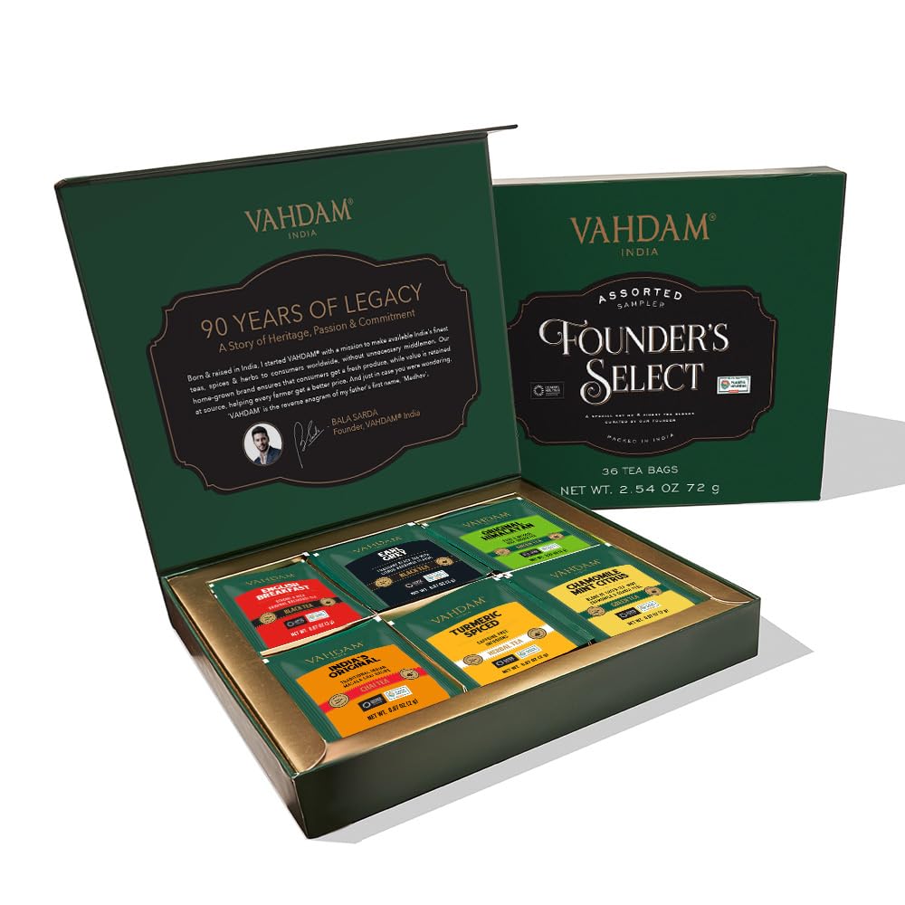 VAHDAM, Assorted Tea Gift Set (6 Varities, 36 Tea Bags) - Tea Variety Pack - Black Tea, Green Tea, Chai Tea and Herbal Tea Sampler | New Year Tea Gifts Set for Tea Lovers | Gifts for Women and Men