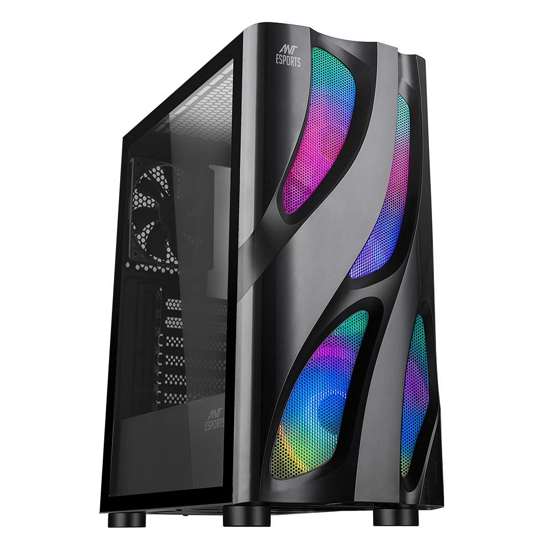 Ant Esports ICE-320TG Mid Tower Computer Case I Gaming Cabinet Supports ATX, Micro-ATX, Motherboard with Transparent Side Panel 3 x 120mm ARGB Front Fan, 1 x 120mm Rear Fan Preinstalled - Black