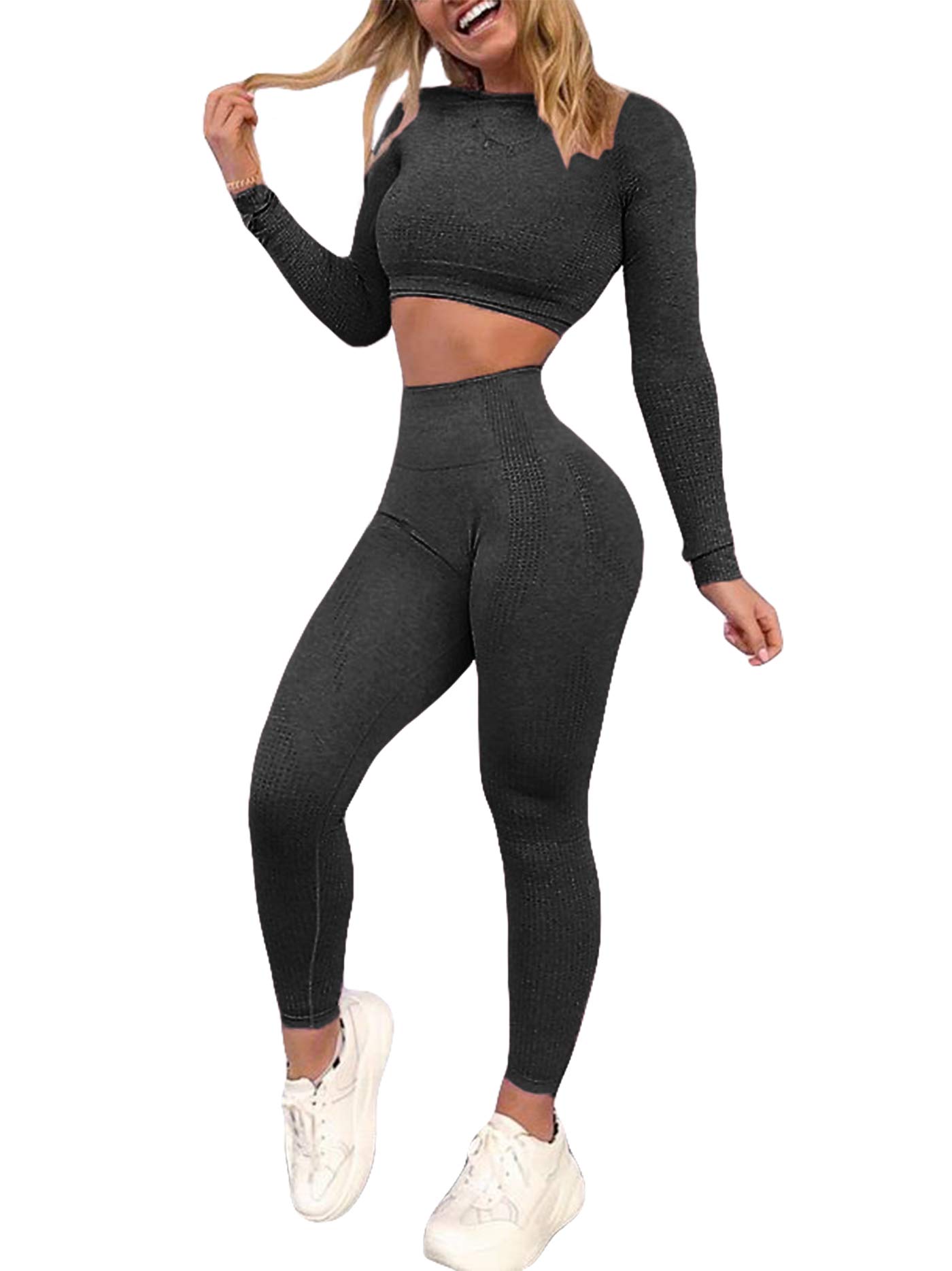 Women's Workout Outfit 2 Pieces Seamless High Waist Yoga Leggings with Long Sleeve Crop Top Gym Clothes Set