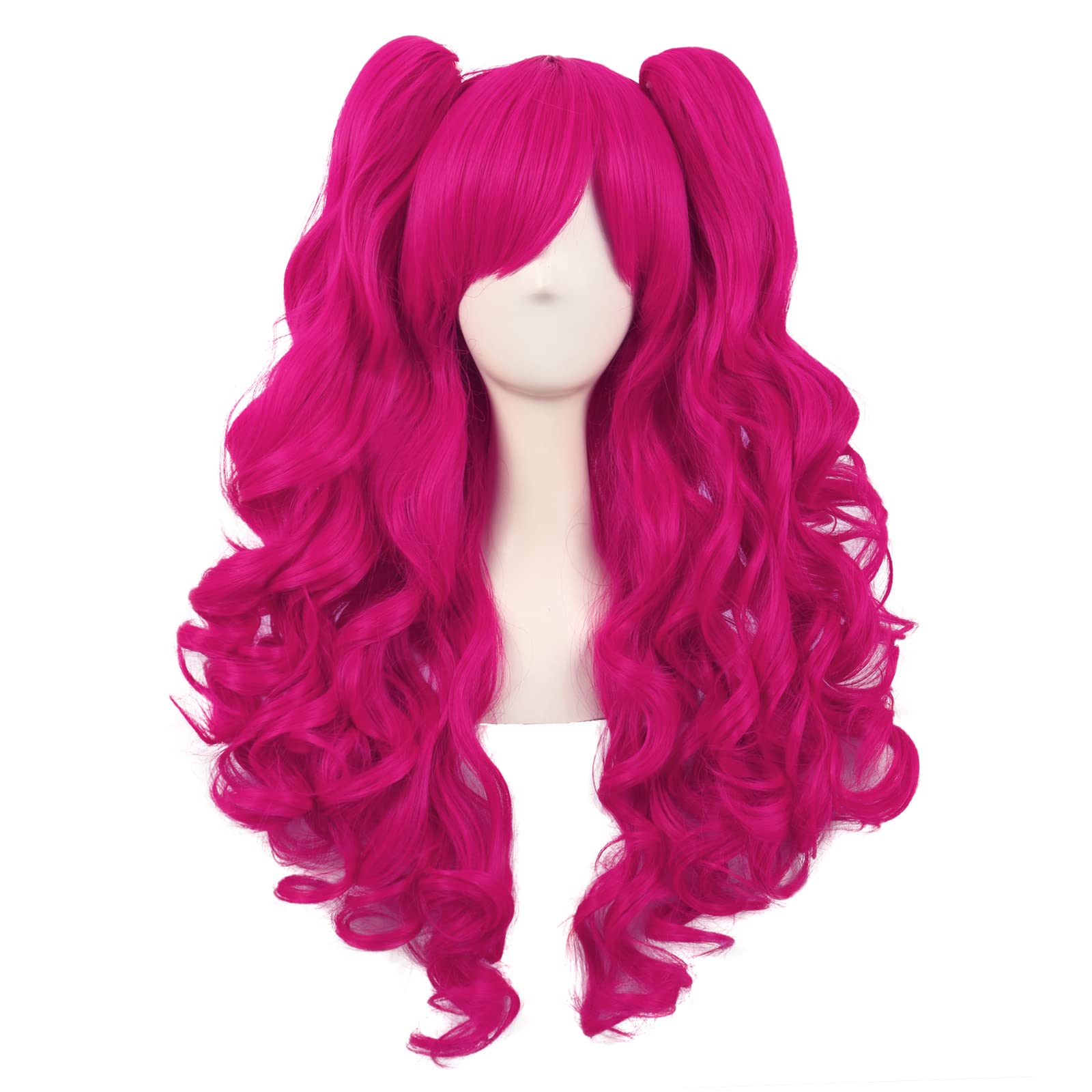 MapofBeauty 28 Inch/70 cm Lolita Long Curly 2 Ponytails Clip on Cosplay Wig (Hot Pink)