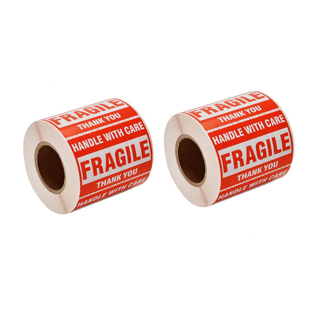 SJPACK 1000 Fragile Stickers 2 Rolls 2'' x 3'' Fragile - Handle with Care - Thank You Shipping Labels Stickers (500 Labels/Roll)