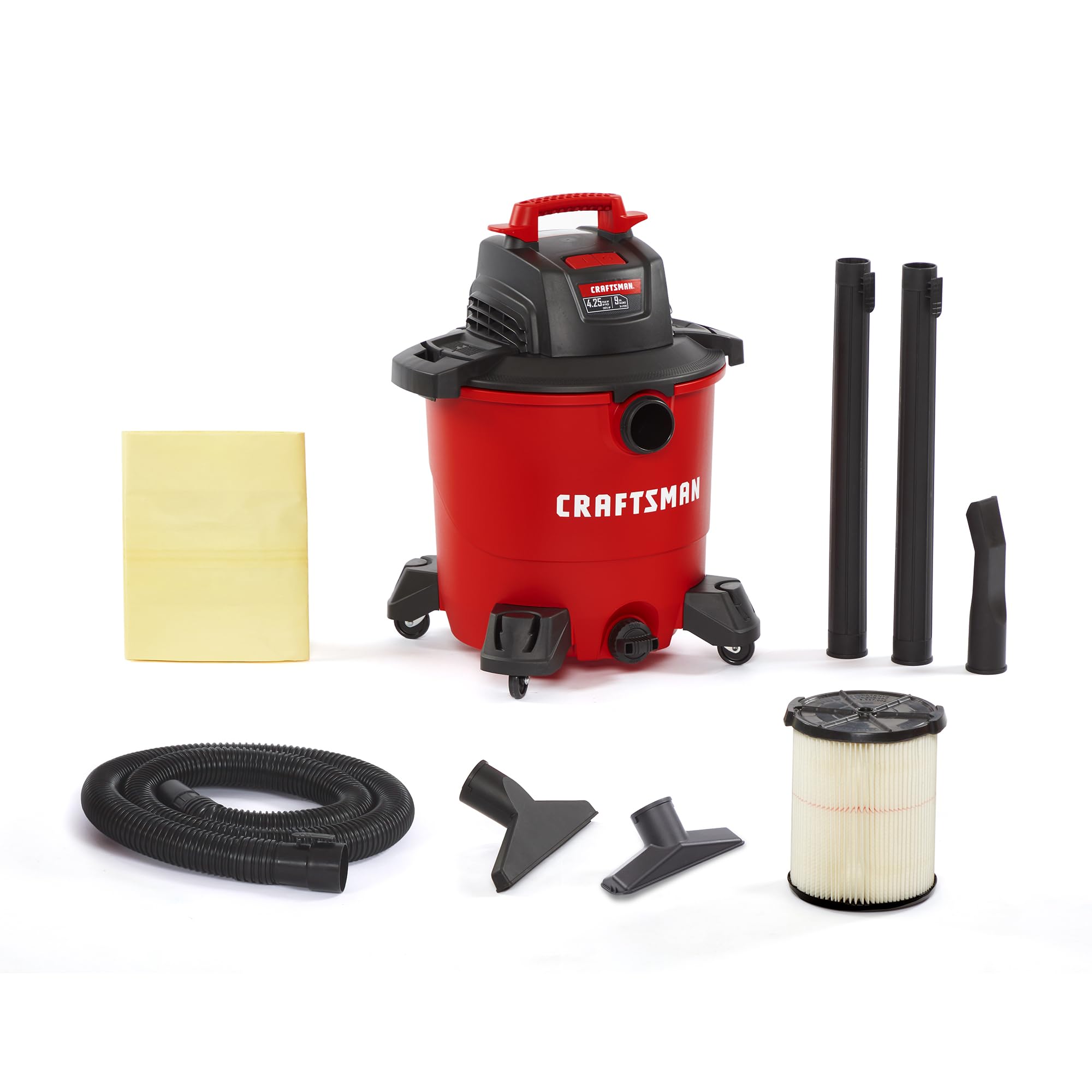 CRAFTSMAN CMXEVBE17590 9 Gallon 4.25 Peak HP Wet/Dry Vac, General Purpose Portable Shop Vacuum with Attachments