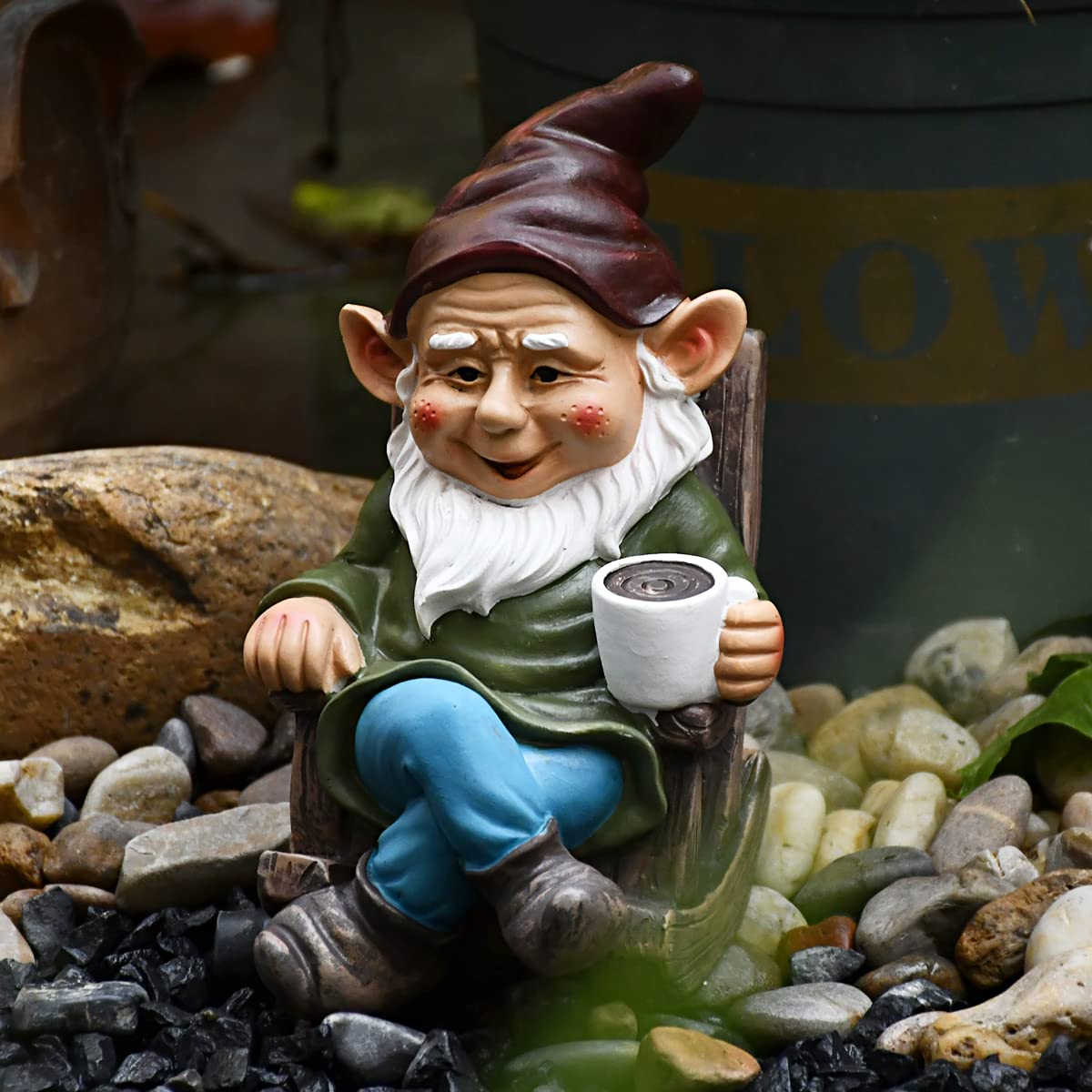 OwMell Drinking Coffee Garden Gnome Statue Decoration 7.3" Figurine Ornament for Indoor Outdoor Home Patio Yard Lawn