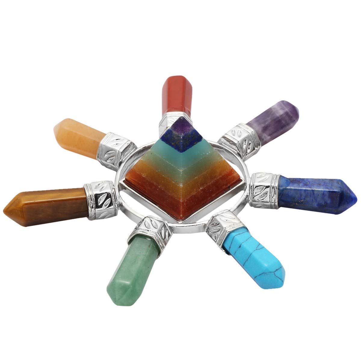 mookaitedecor 7 Chakras Healing Crystal Pyramid Energy with 7 Chakras Stone Points Wands Reiki Spiritual Decoration Figurine