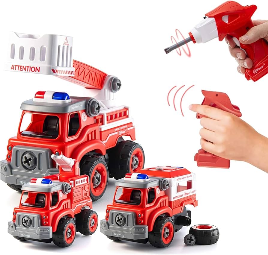 Top Race Firetruck Toy with Battery-Powered Drill – Heavy-Duty 3-in-1 Take-Apart Truck and Remote Control – Easy-to-Assemble Firetruck Toy for Kids