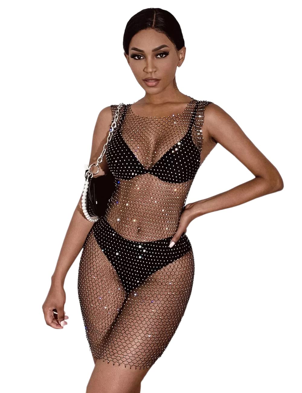 Women's Sheer Mesh Bodycon Mini Dress Long Sleeve See Through Swimwear Bikini Cover Up Dress