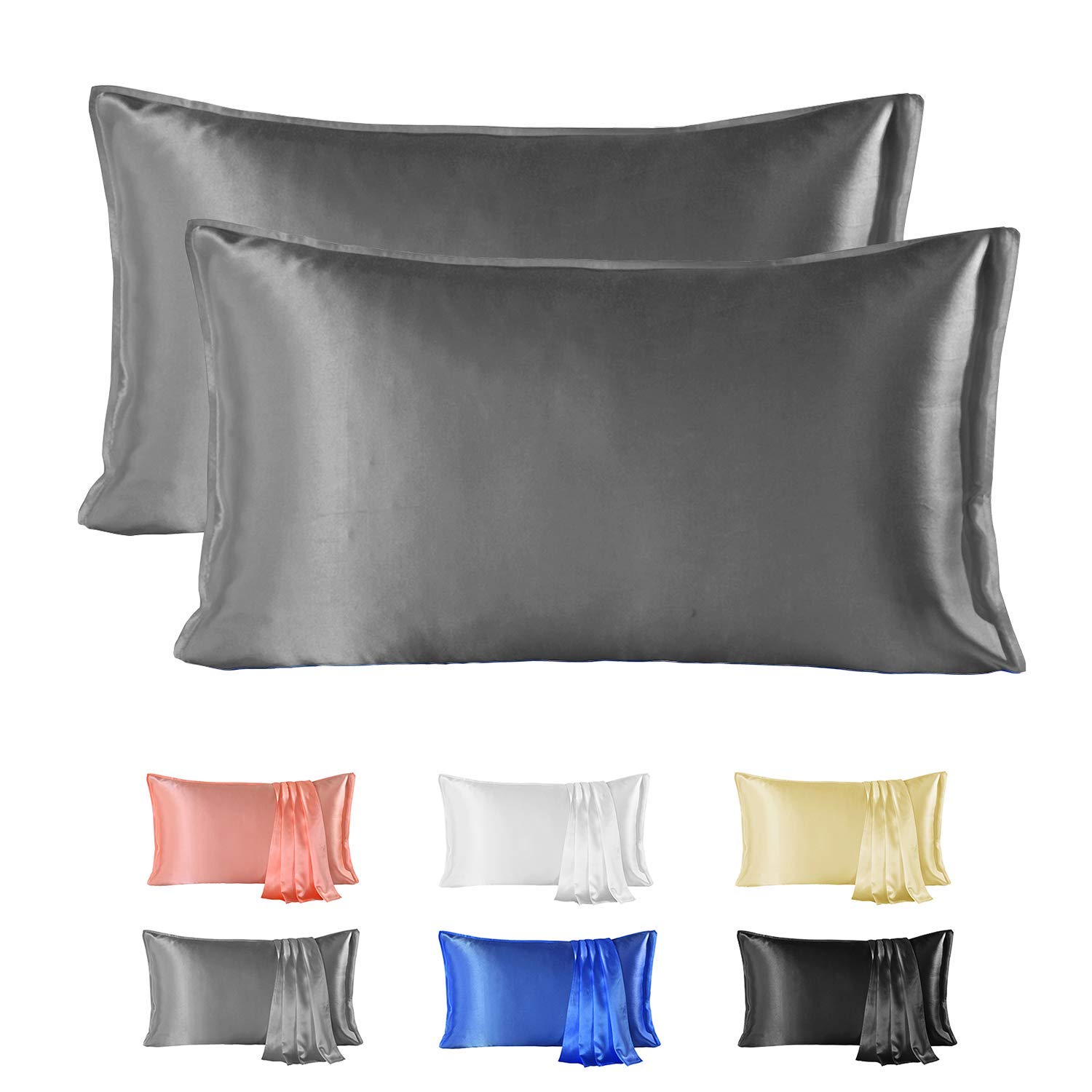 Since Silk 100% Mulberry Silk Pillowcase 2 Pieces Set, 22 Momme Grade 6A Silk Pillowcases for Hair and Skin, Soft Silk Pillow Case with Envelope Closure (50x90 cm, Grey)