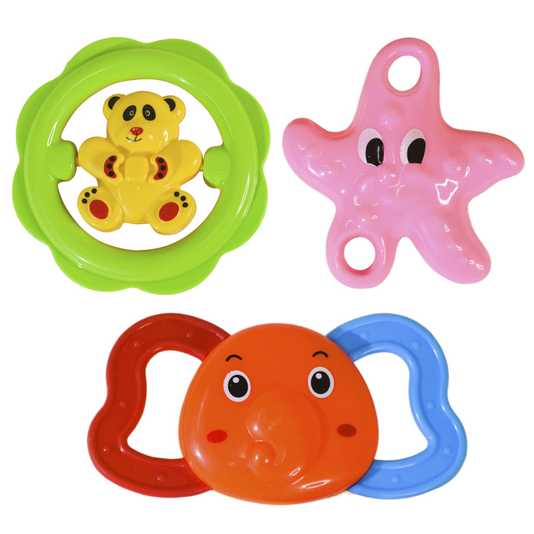 WISHKEY BPA Free Rattles and Teether Toys for Baby, Plastic Soft Soothing Teather Toy for Newborn Babies, Colorful Attractive Non-Toxic Rattle Set for Infants (Pack of 3, Multicolor)