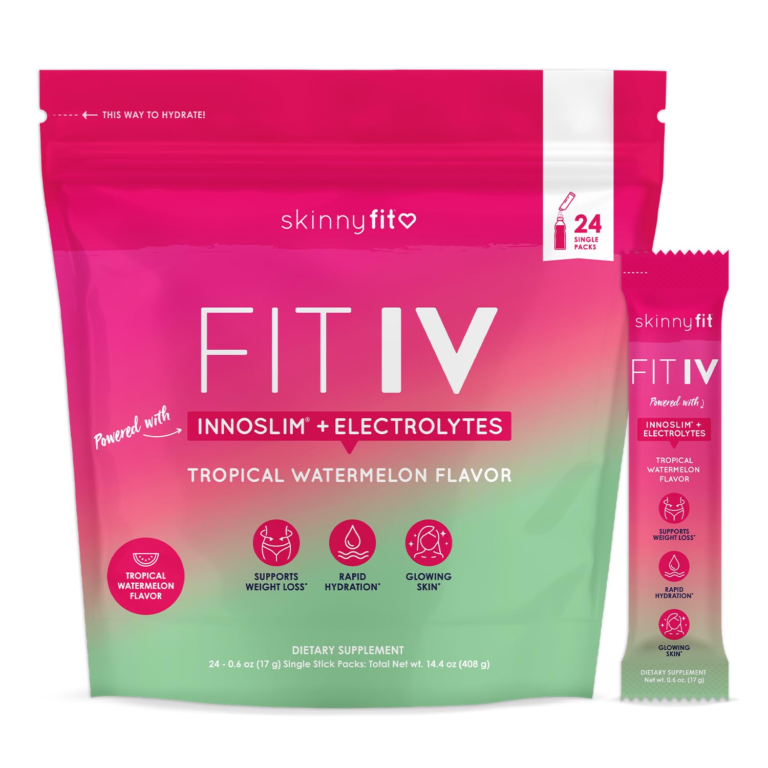 SkinnyFitFIT IV Hydrating Electrolytes Plus Weight Managing Innoslim, Vitamin B12 & Vitamin C, Rapid Hydration, Healthy Aging, 24 Servings