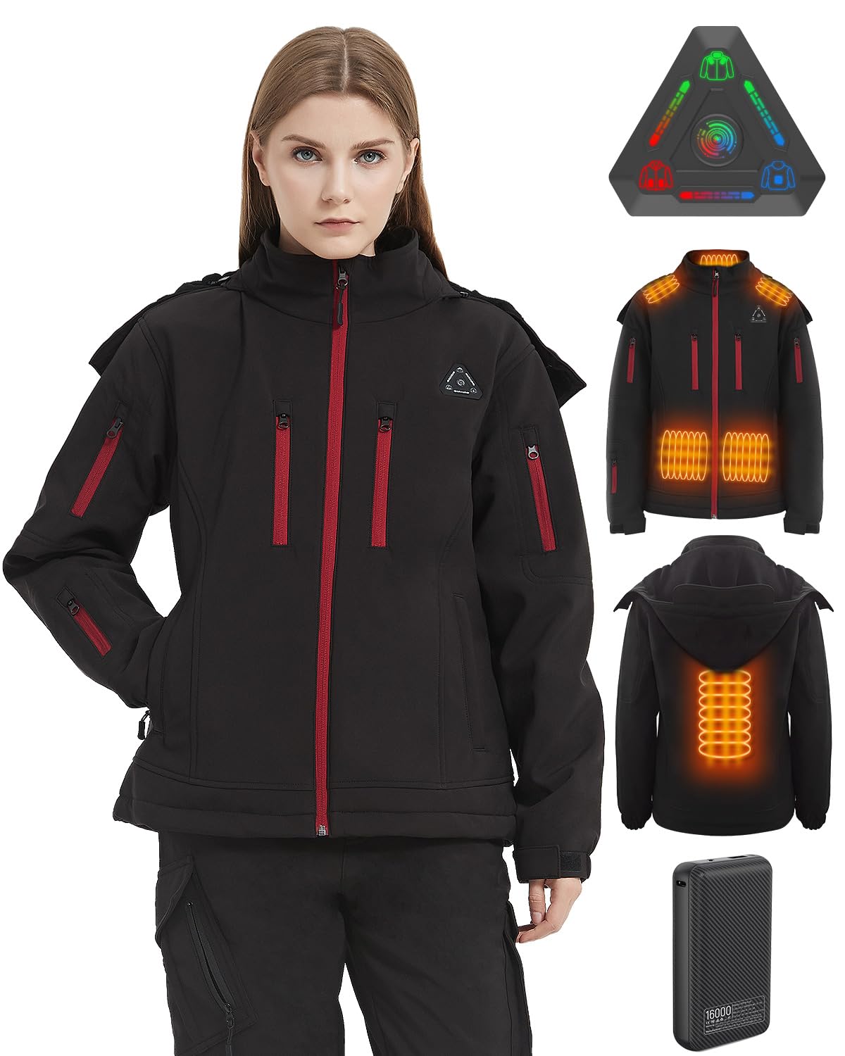 FERNIDA Women Heated Jacket with Battery Pack & Detachable Hood Electric Heating Jackets SoftShell Heated Coat Winter Outdoor