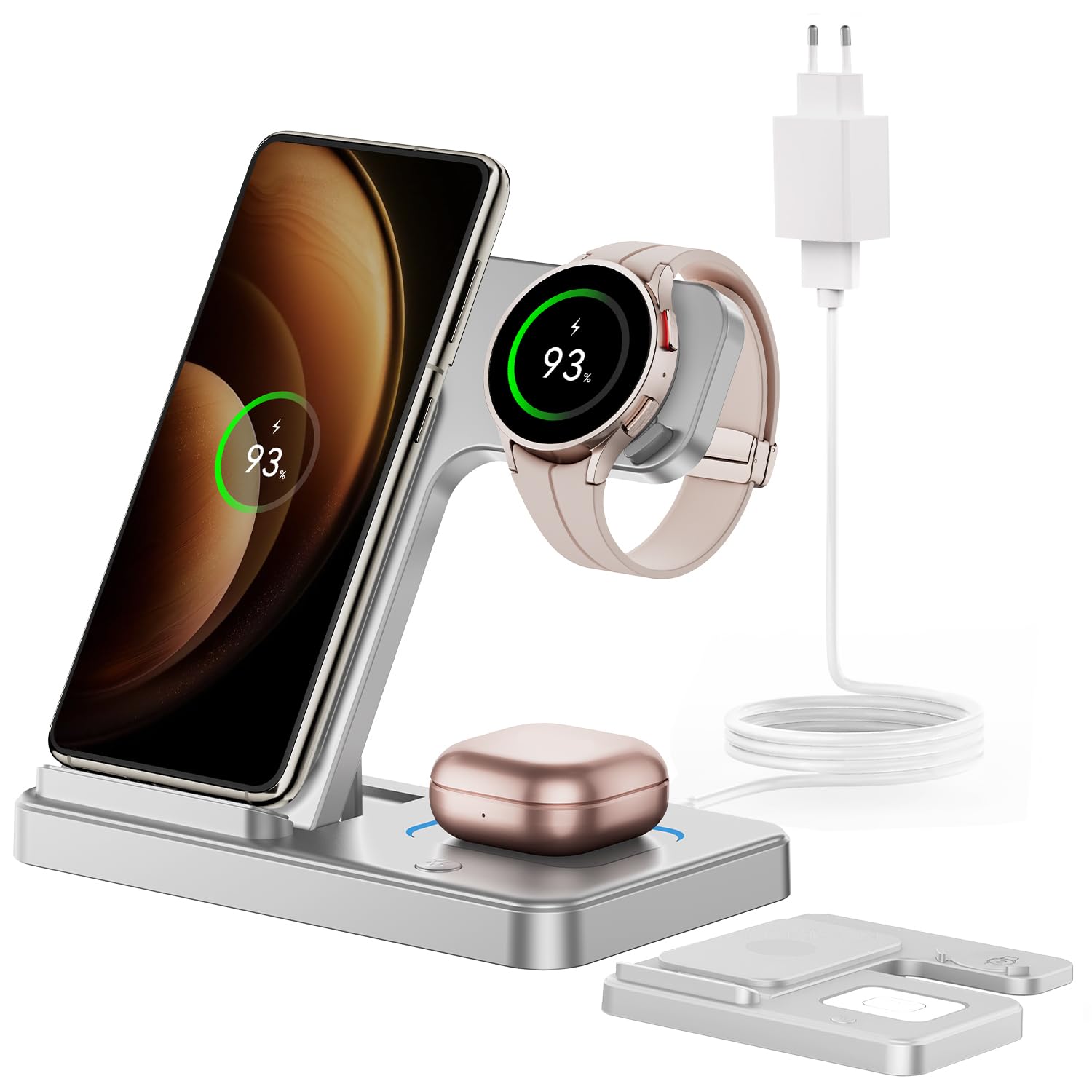 GEEKERAFoldable Induction Charger for Samsung, 3 in 1 Charging Station for Samsung S24/S23/S22/ZFlip/Fold, Wireless Charger for Galaxy Watch 7/6/5/4/3, Wireless Charger for Galaxy Buds - Silver