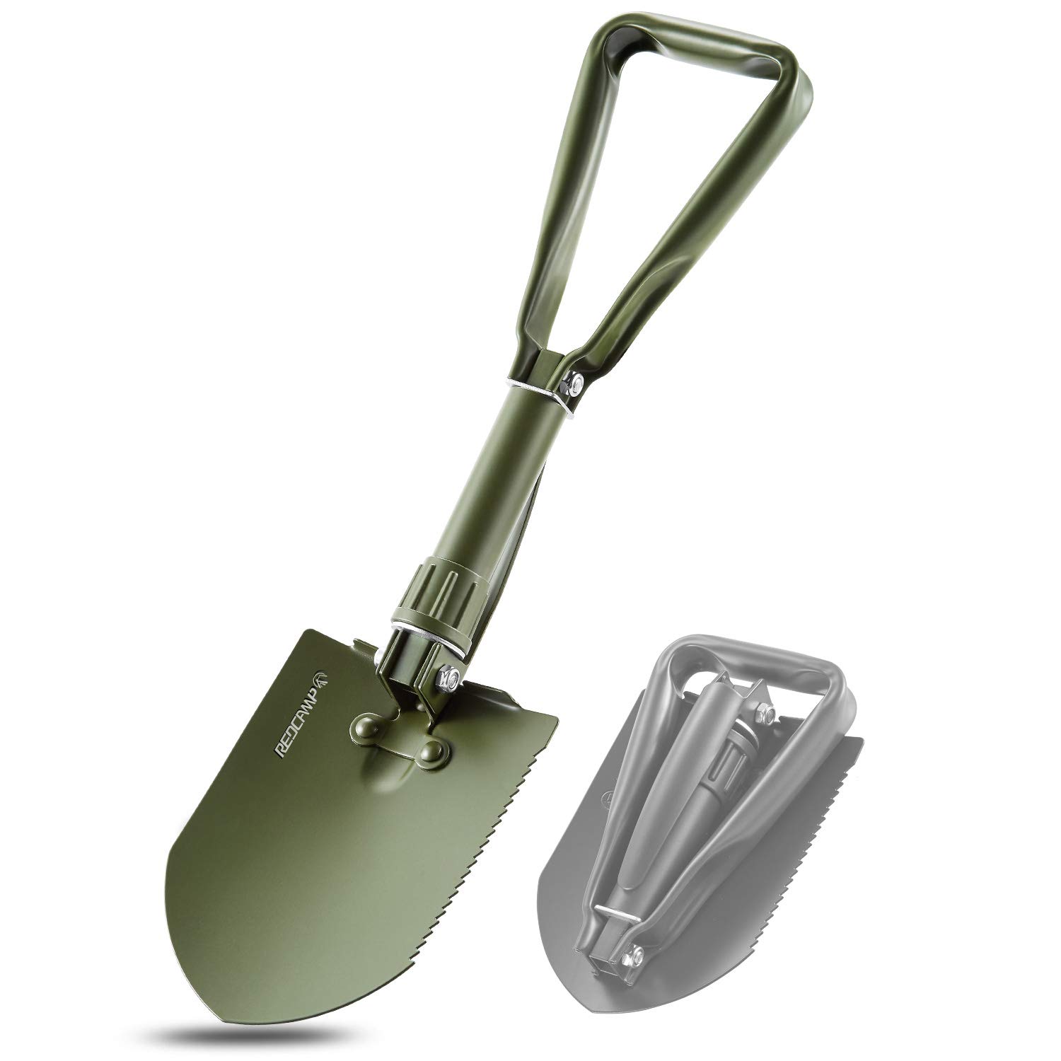 REDCAMP 22.8" Military Folding Camping Shovel w/Cover,Portable Shovel with High Carbon Steel, Tactical Entrenching Tool Tri-fold Handle Shovel for Camping Hiking Sand Mud Snow Beach, Green 2.5Lbs