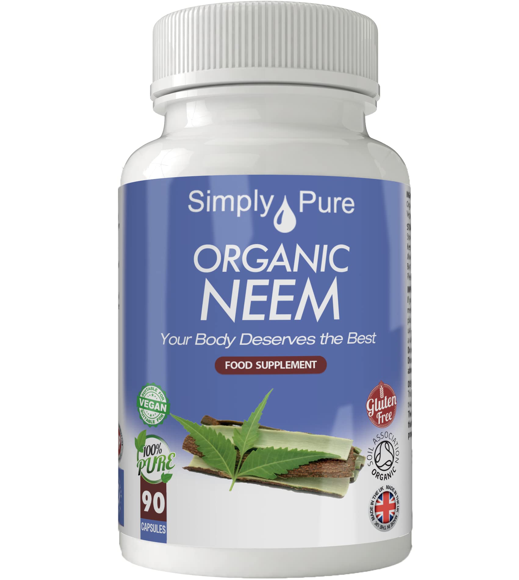 Simply PureOrganic Neem Capsules x 90, 500mg, 100% Pure, Soil Association Certified, Gluten Free, GM Free, Vegan