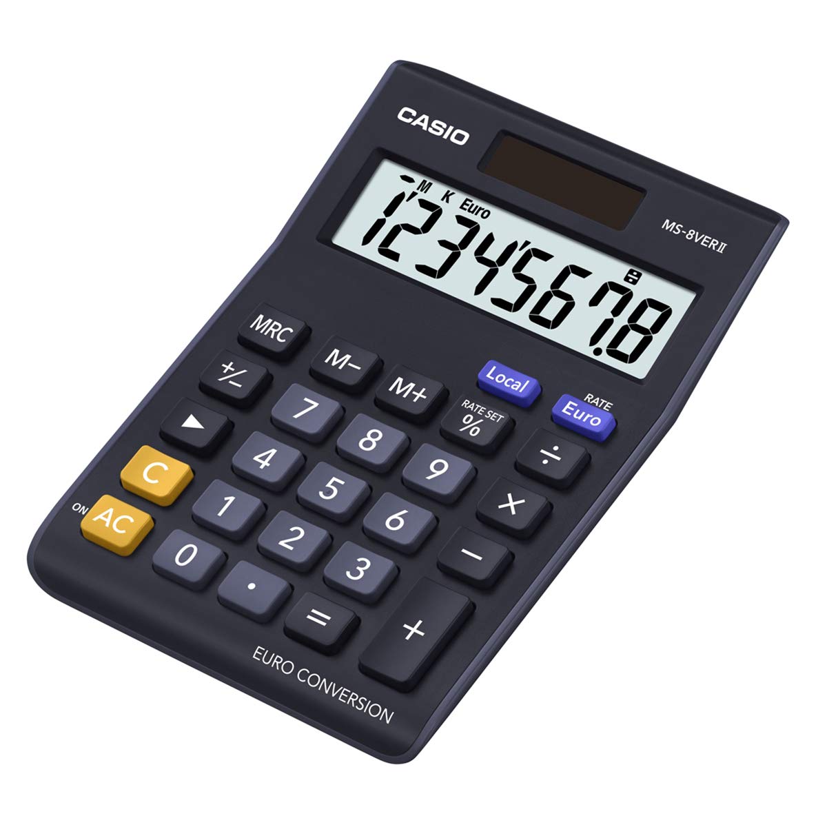 Casio MS-8VERII Professional / Desk Display Calculator, Battery, Solar Energy Driven, Tilted Display, Black