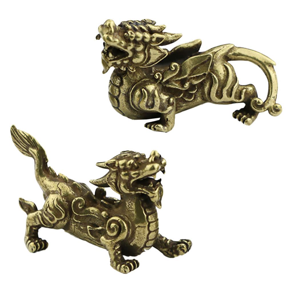 Milisten 1 Pair Brass Feng Shui Pi Yao Figure Chinese Pi Xiu Ornament Bronze Pixiu Dragon Beast Evil Spirits Statue Amulet Symbol of Wealth for Good Protection Home Decoration