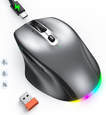 Doci Wireless Bluetooth Mouse, LED Rechargeable Ergonomic Mouse with Muitl Mode 2.4G Wireless USB +BT1+BT2, Portable Bluetooth Mouse for Mac Laptop PC Computer, Tilt Wheel 4-Way Scrolling Mice