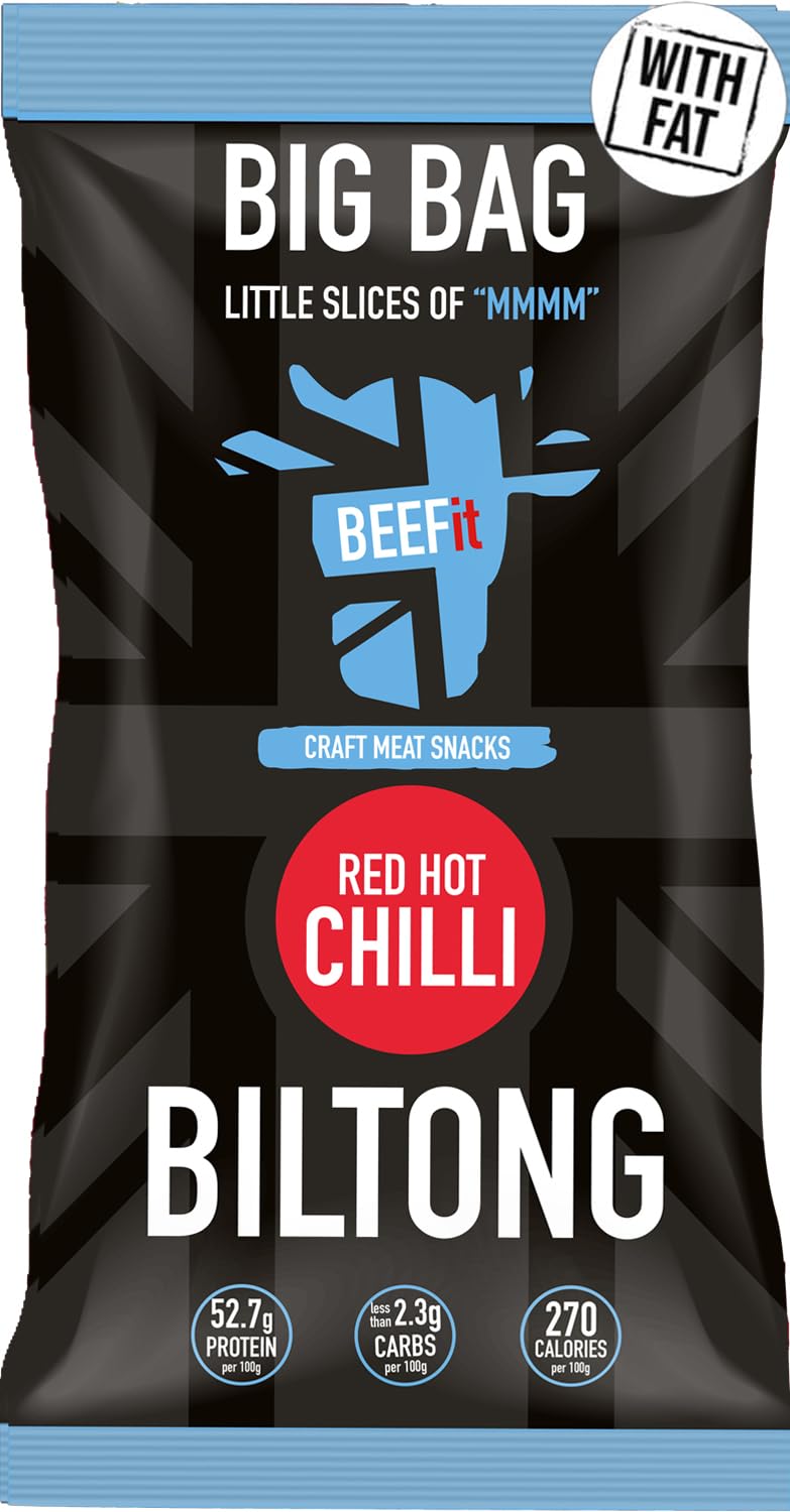 BEEFit Biltong Beef Jerky with Fat - Healthy High Protein Snacks, Gluten Free and Keto Friendly Snack - Perfect for On-the-Go or Fitness Enthusiasts (Red Hot Chilli, 250g)