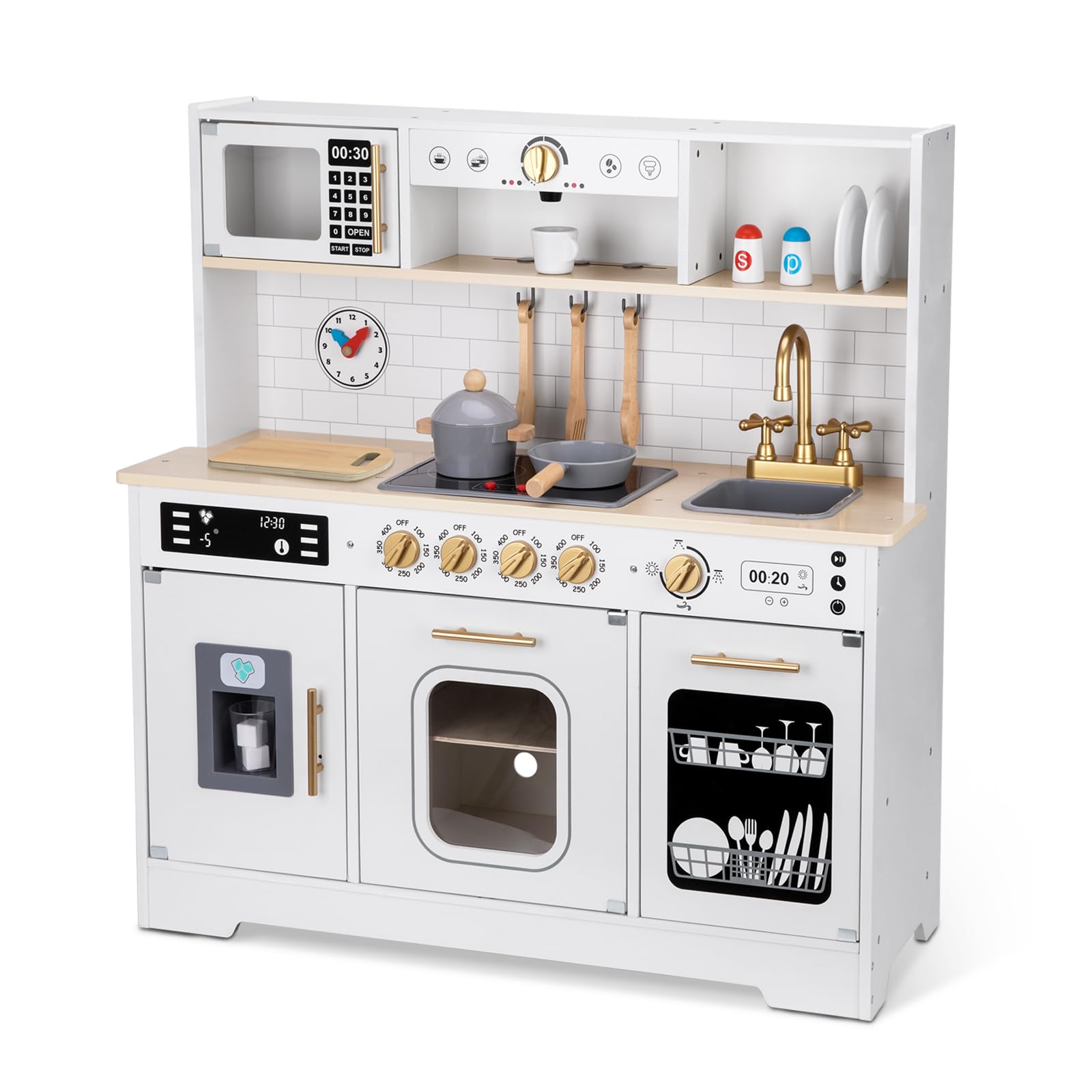 Toddler Kitchen Playset, Play Kitchen Sets for Kids with Plenty of Play Features, Sink, Oven, Stove, Dishwasher, Coffee Maker, ice Maker and Microwave