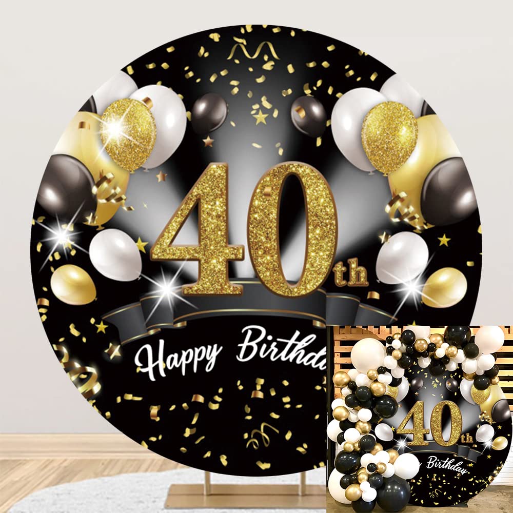 DORCEV 6.5x6.5ft 40th Happy Birthday Round Backdrop Cover Polyester Black White Gold Balloons Sequins Photography Backdrop for Men 40th Birthday Party Decor Adults Portrait Supplies Photo Booth Props