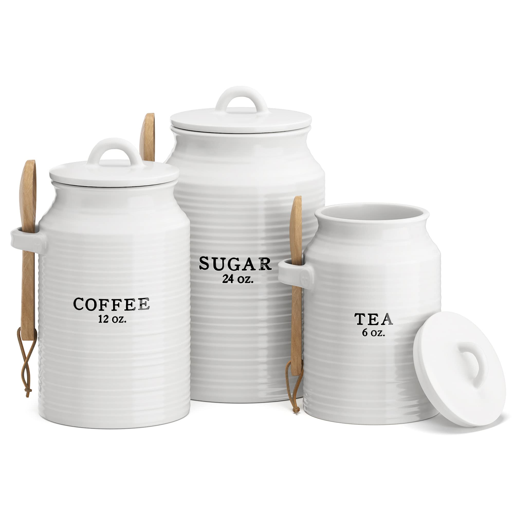 Barnyard Designs Canister Sets for Kitchen Counter, Ceramic Canister Set, Decorative Kitchen Canisters, Coffee Tea Sugar Container Set, Rustic Farmhouse Canisters Ceramic Jar, White, Set of 3