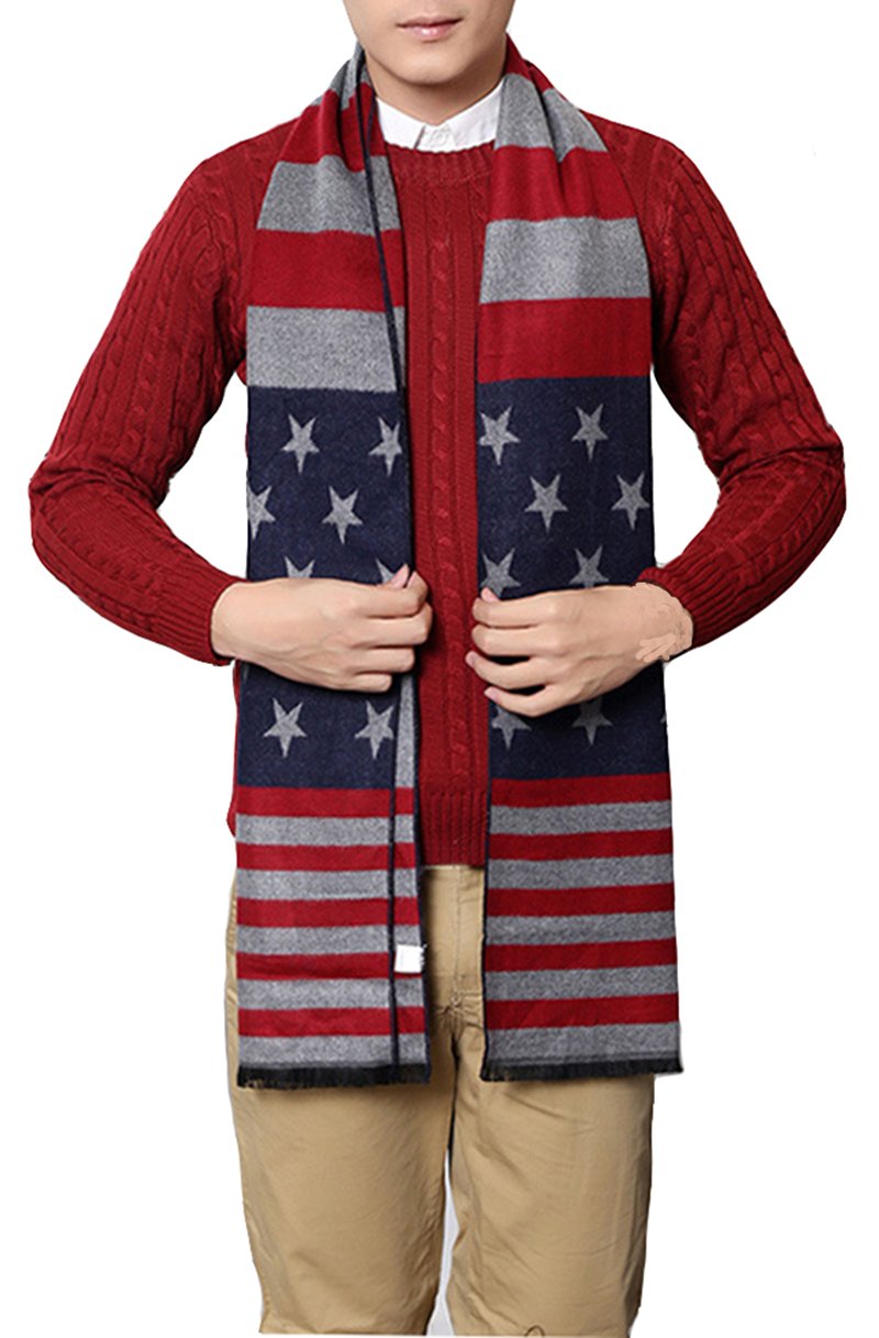 USA Flag Men’s Winter Warm Knitted Plant Cotton Plaid Color Match Soft Thick Scarf,180cm