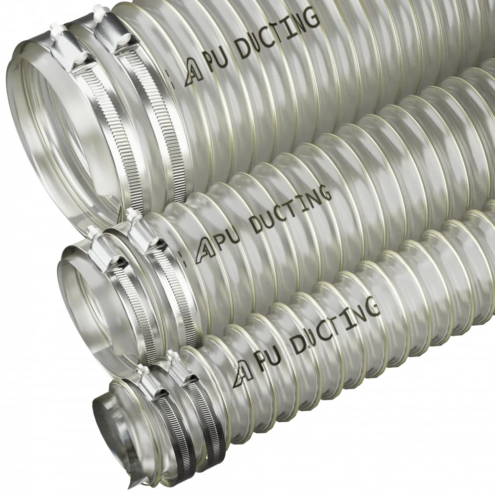 100mm Diameter Flexible Polyurethane Ducting Dust & Fume Extraction, Woodworking + Hose Clips - 5 Metre