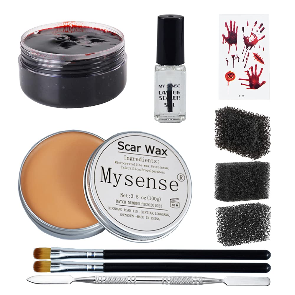 MysenseFake Blood Nose and Scar Wax Kit SFX Make Up Special Effects Fake Molding Wound Skin Wax Halloween Stage Makeup with Caster Sealer Spatula Tatooes Stipple Sponges,3.5Oz(100g)