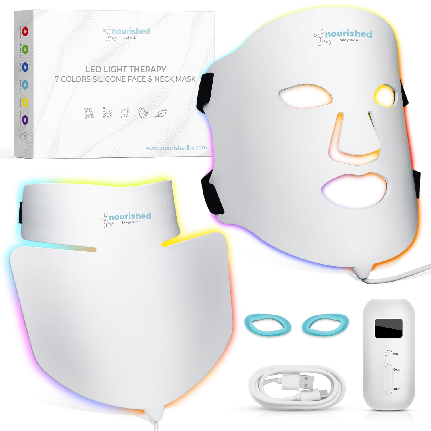 Nourished Bodynskin LED Light Therapy Face & Neck Mask - Facial Skin Care Device - 7 Colors Red & Blue - Rejuvenation, Anti-aging Product for Wrinkles