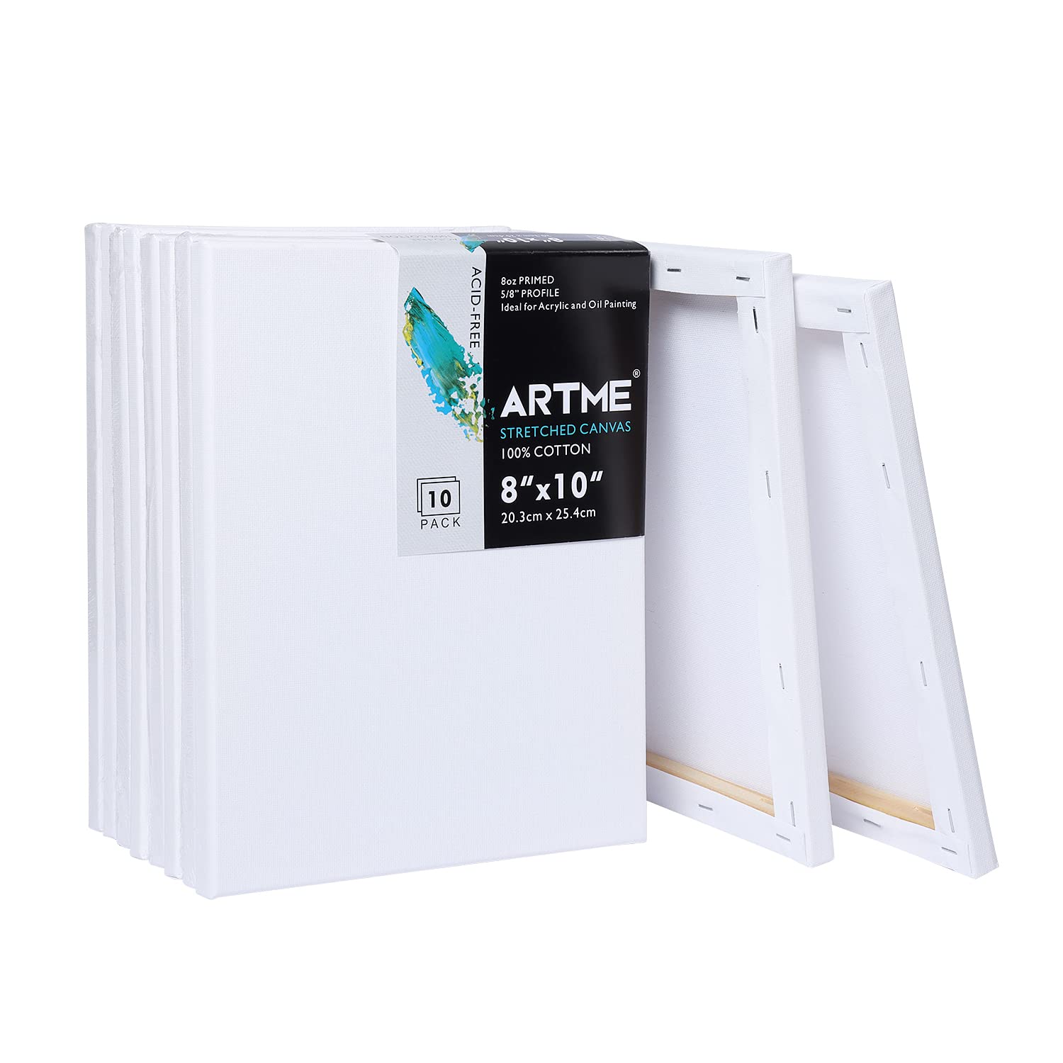 ArtmeStretched Canvas 8x10 Inch Pack of 10, 8oz Primed Acid-Free 100% Cotton, White Blank Canvases Perfect for Acrylic, Oil, and Other Painting Media, Ideal Painting Canvas for Artists and Students