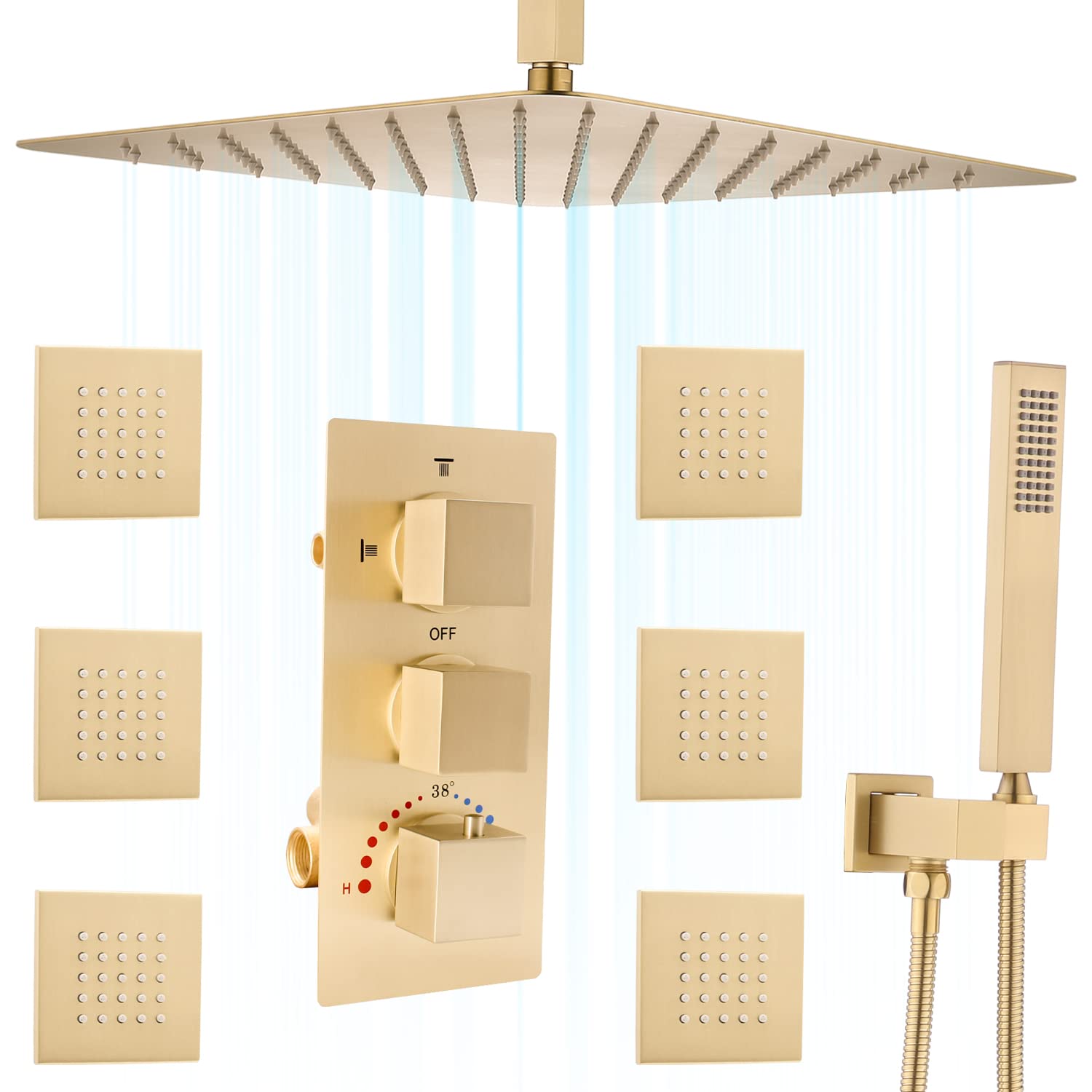 Enga Brushed Gold Shower System with Jets 16 Inch Ceiling Rainfall Square Head with Handheld Spray and Full Body Jets, Thermostatic Brass Valve Faucet Sets Complete