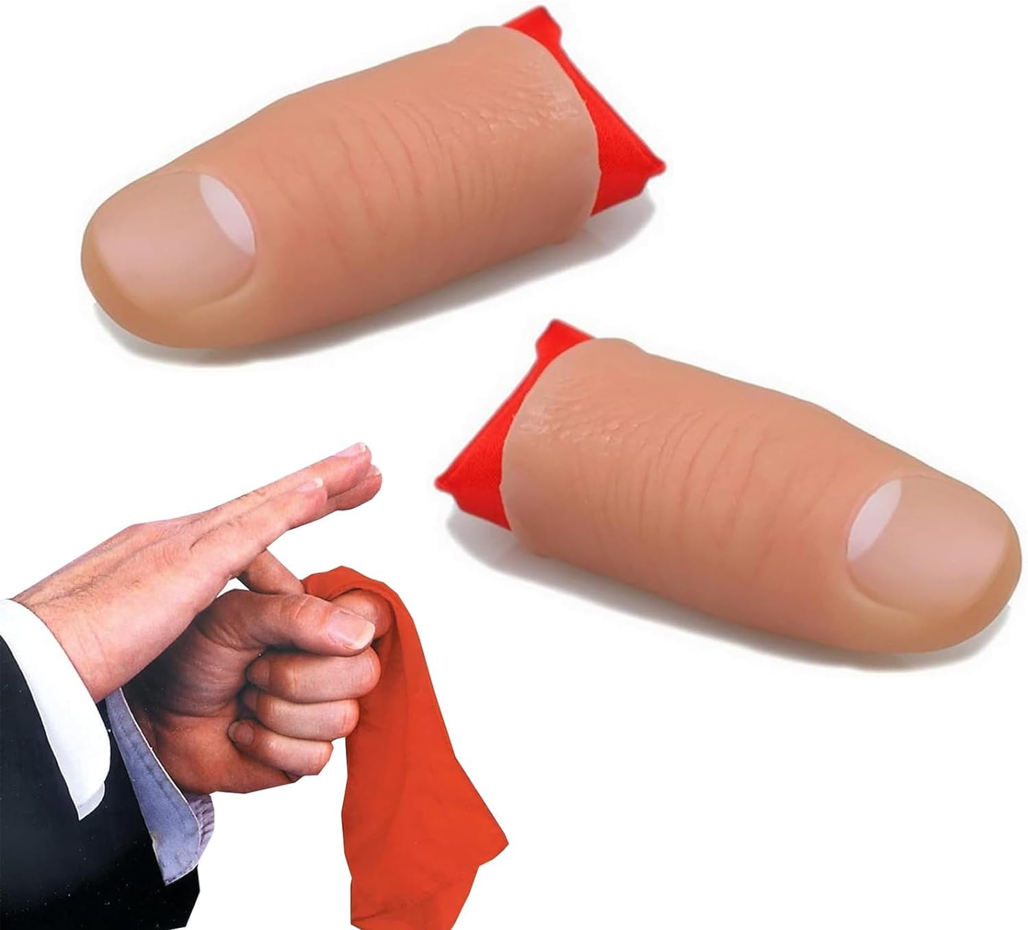 Enyolidimk2Pcs Magic Trick Fingers Fake Finger or Thumb Disappearing Scarf Close Up Magic Vanishing Stage Show Prop Prank Toy With Red Silk Training Cloth, Magic Supplies