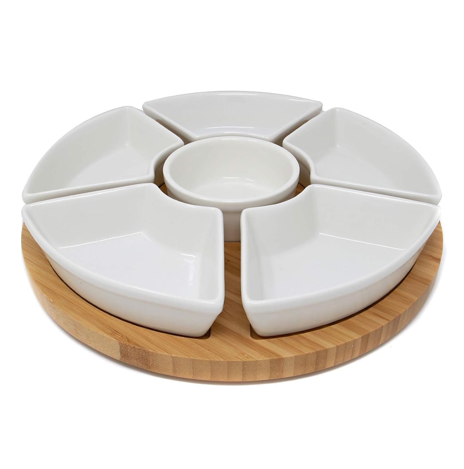 Rotating Dip Set | Lazy Susan with 6 Ceramic Dishes | Serving Platters | Snack Dishes with Turntable | Dips, Snacks & Appetisers | M&W (White)