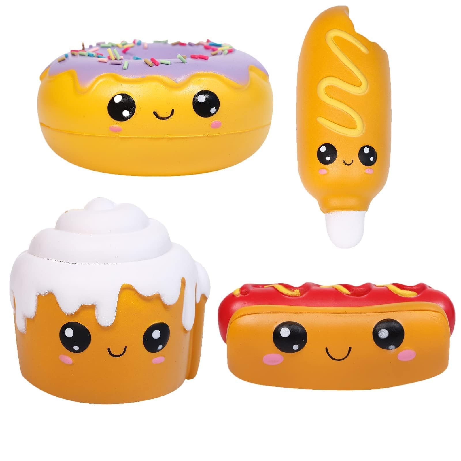 Anboor 4 Pcs Squishies Hot Dog Cake Bread Donut Kawaii Scented Soft Slow Rising Squeeze Stress Relief Kids Toy Xmas Stocking Stuffers Ideas