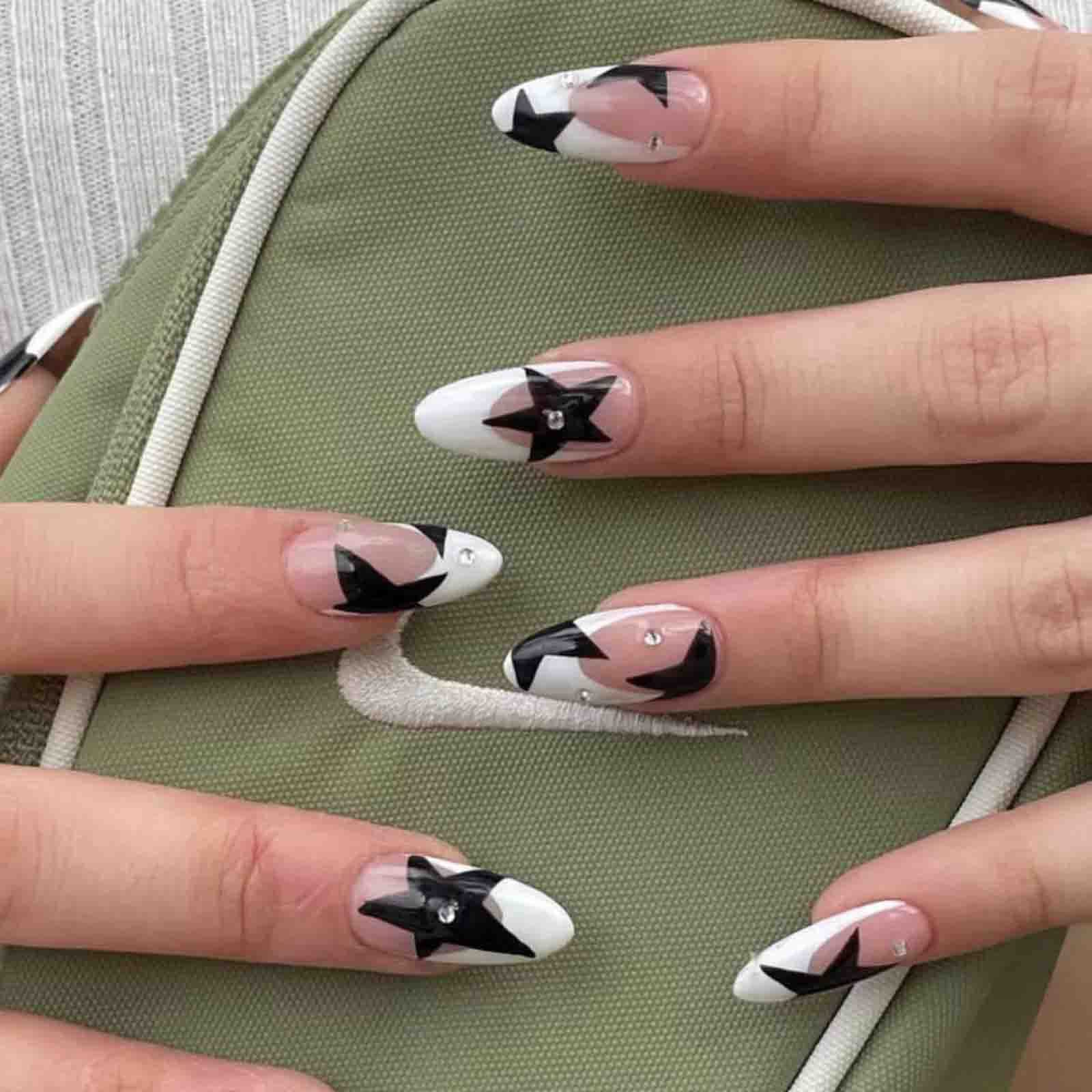 Press on Nails Medium Almond French Tip Fake Nails Full Cover False Nails with Black Stars Designs Y2K Press on Nails Glossy Acrylic Nails Rhinestones Artificial Nails for Women Girls 24 Pcs