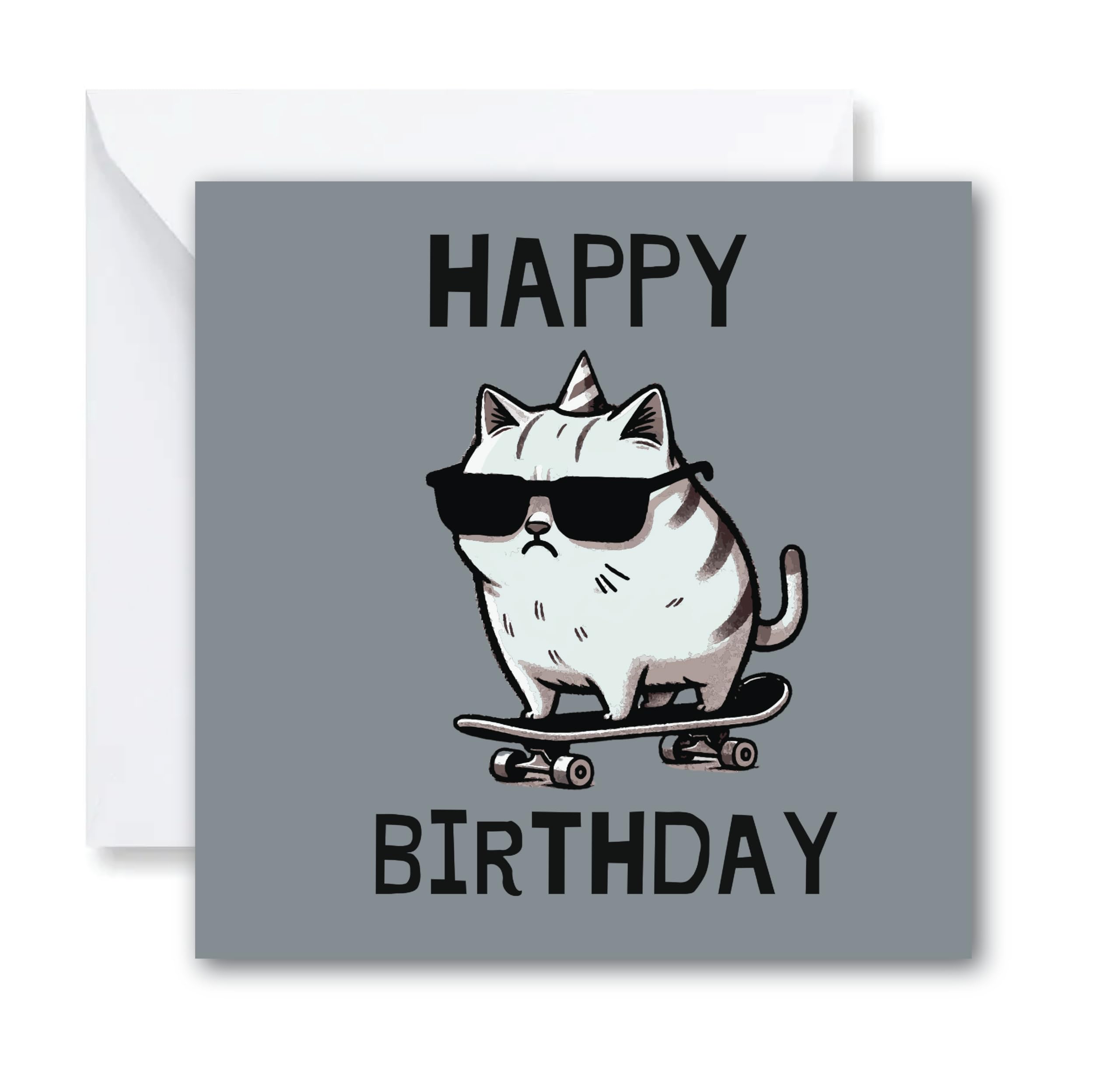 Fuzzy Buzz 🐝 Birthday card for Her or Him - ‘Happy Birthday Skater Cat’ - Best friend - Skateboard Boyfriend - Brother - Comes With Stickers