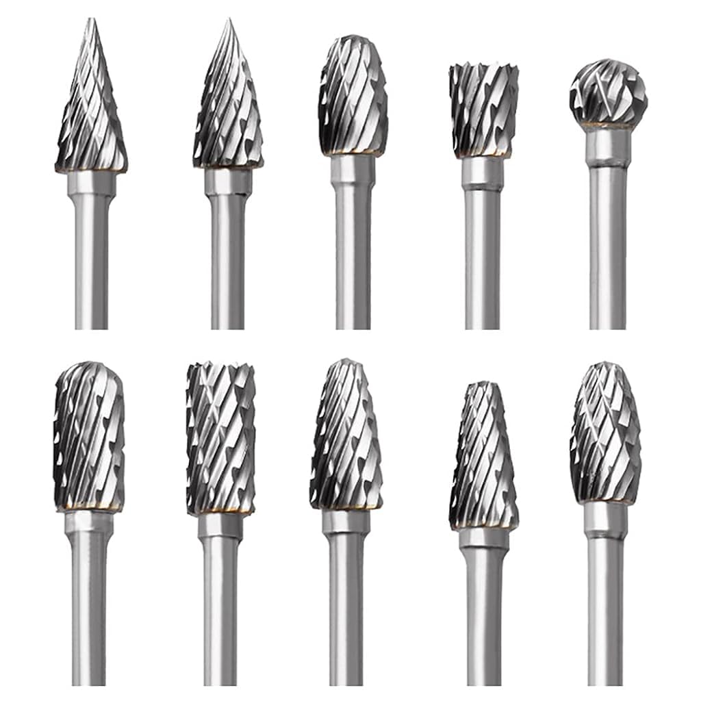 Serplex® Tungsten Carbide Rotary Burr Set for Dremel, 10pcs Carbide Double Cut Carving Burr Bits with 1/8" Shank Rotary Tool Accessories for Woodworking, Engraving, Drilling, Steel Metal Working