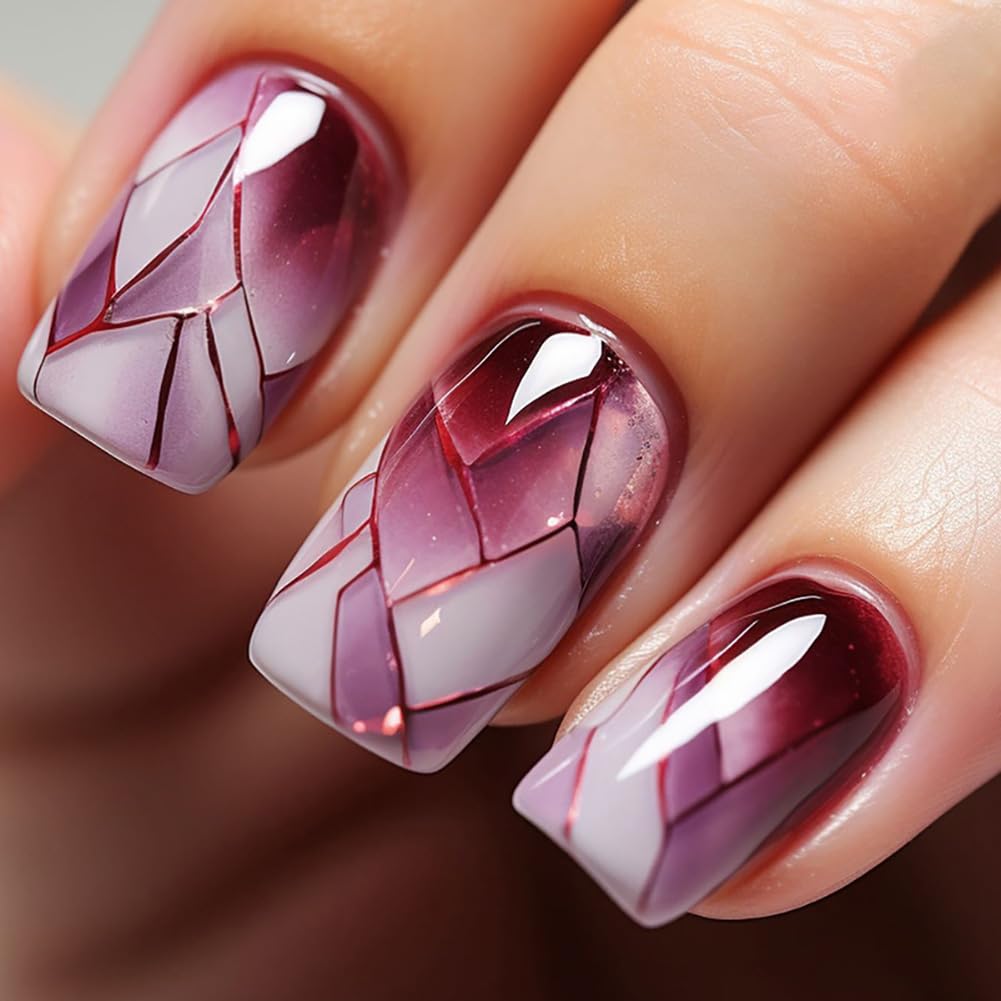 24Pcs Square Press on Nails Medium Fake Nails with Glossy Full Cover False Nails and Wine Red Broken Glass Pattern Acrylic Nails Square Glue on Nails for Women Manicure