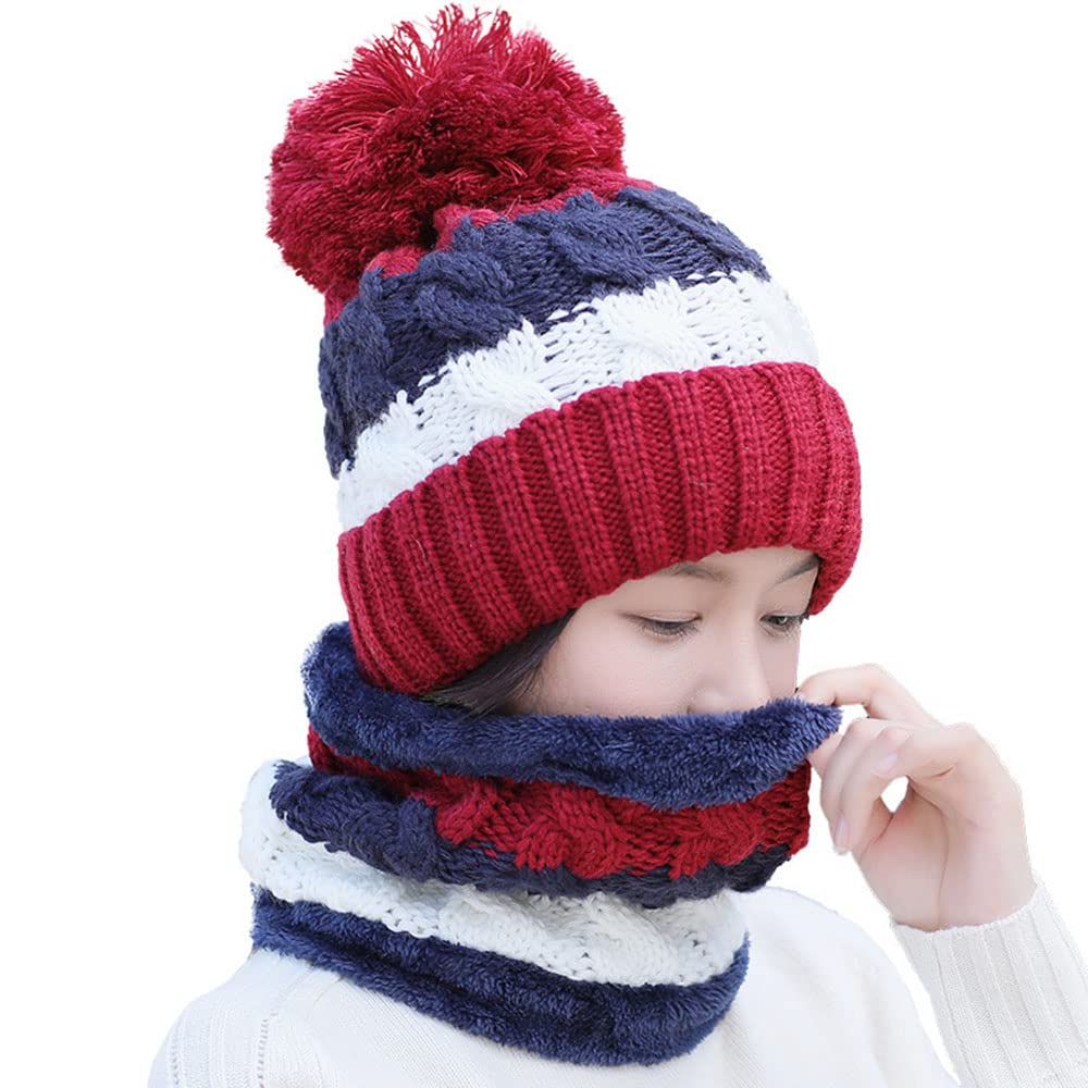 Womens Winter Beanies Scarf Set Colorblock Hand Knitted Hat with Pom