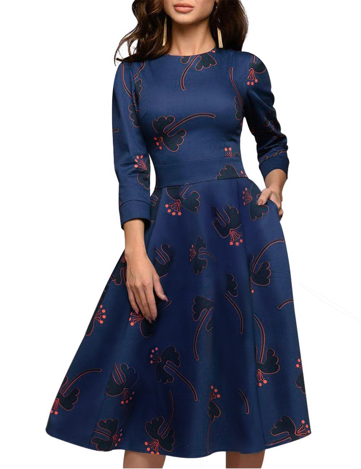 Simple Flavor Women's Floral Vintage Dress Elegant Midi Evening Dress 3/4 Sleeves