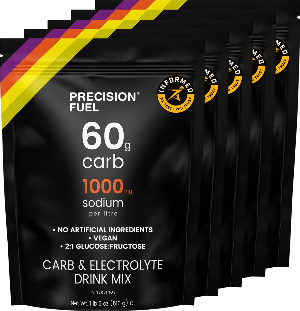 Precision Fuel Carb & Electrolytes Powder Drink Mix - High-Performance Energy Drink, 60g Carbs & 1000mg Sodium per Liter, Vegan, Citrus Flavor - for Intense Workouts & Endurance Sports (5-pack)