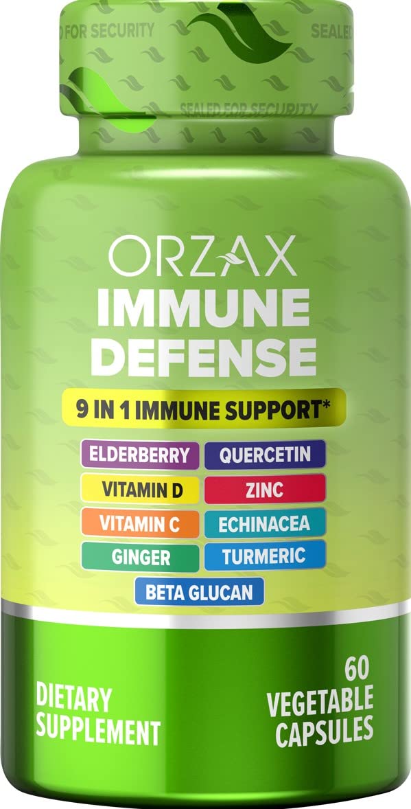 ORZAX9 in 1 Immune Defense Supplement High Strength Vitamin C & D with Zinc, Quercetin, Turmeric & Ginger, Echinacea Capsules - Herbal Defense for Immune System Support - 60 Veg Capsules