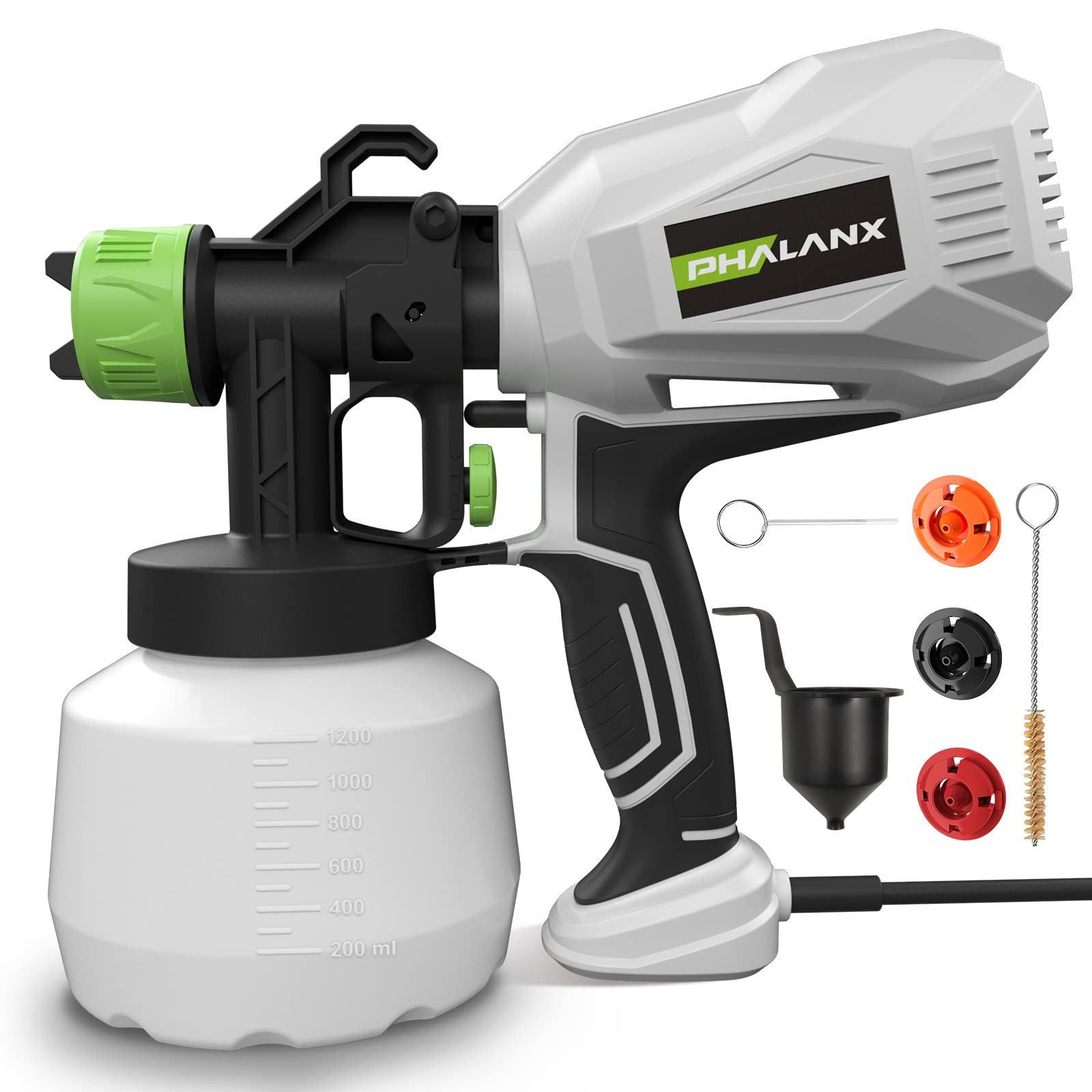 PHALANXPaint Sprayer, 6 FT Corded HVLP Electric Spray Paint Gun for House Painting, Furniture, Fence, Walls, Cabinets, Paint Sprayers with 1200ML Capacity & 3 Nozzles & 3 Patterns