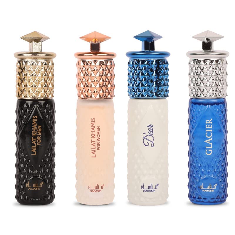 Manasik Set of 4 Premium Attar, Lailat Khamis For Men, Lailat Khamis For Women, D'ear & Glacier For Men & Women, Fresh & Soothing Fragrance, Long Lasting Roll on Itra, 6ml Each