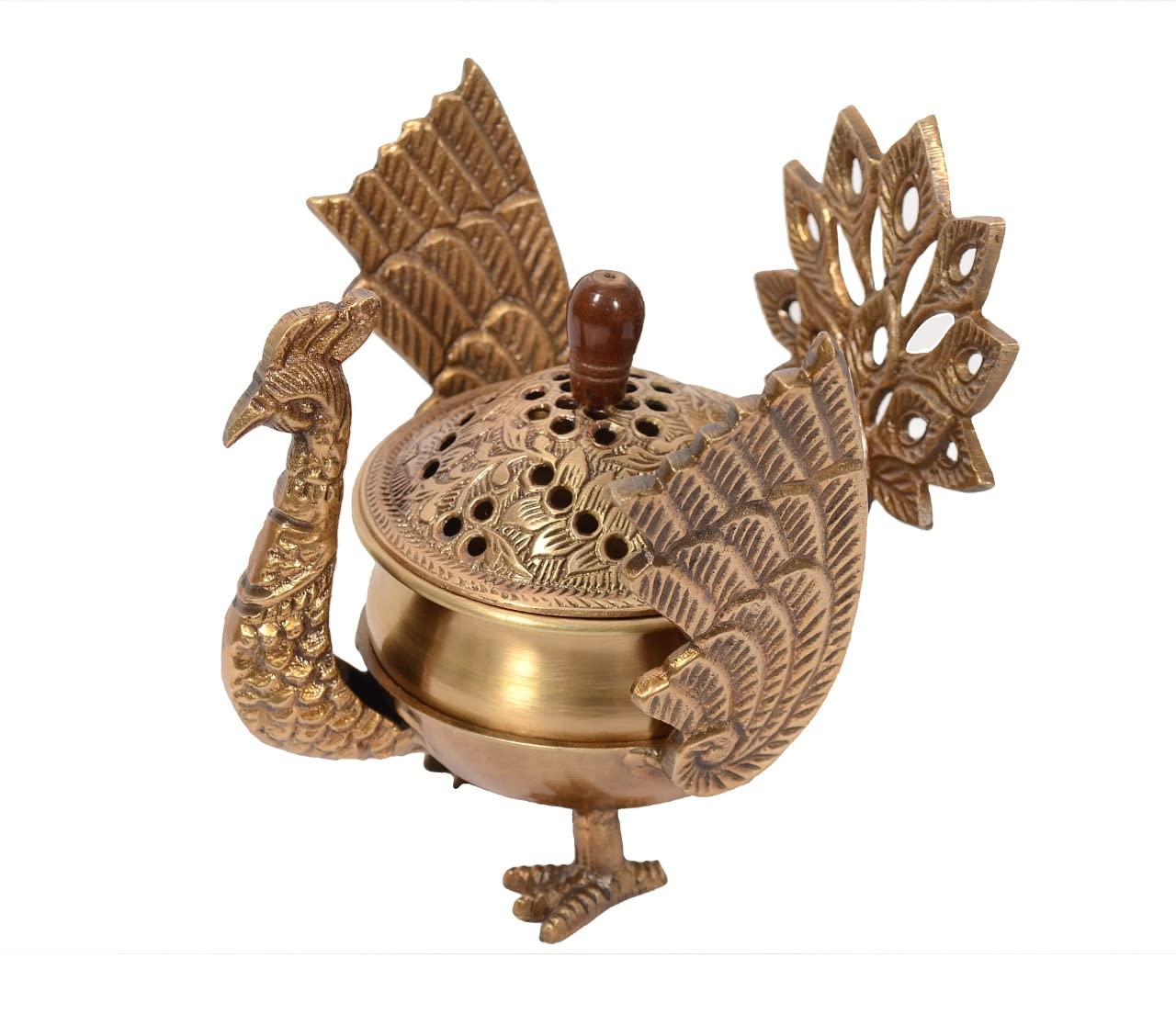 Skywalk Handcrafted Brass Loban Dhoop Dani with Peacock | Dhunachi Urli | Konark Loban Lamp | Loban Burner |Dhoop Dhuni Burner | Incense Burner for Home and Office Ld-24 Standard Brown