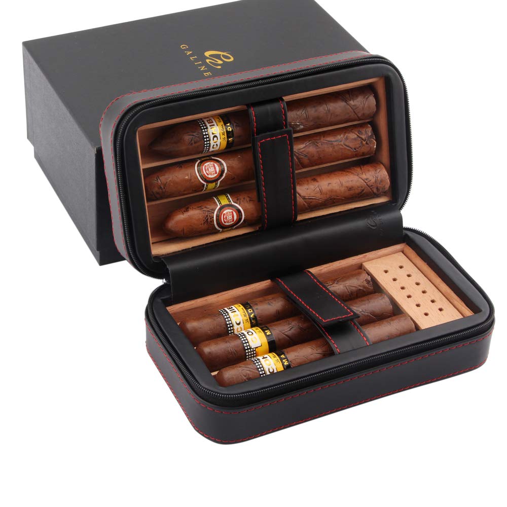 Galiner Cigar Humidor Travel leather Case Cedar Wood Portable Cigar Box Removable Cedar Tray Black Gift Box