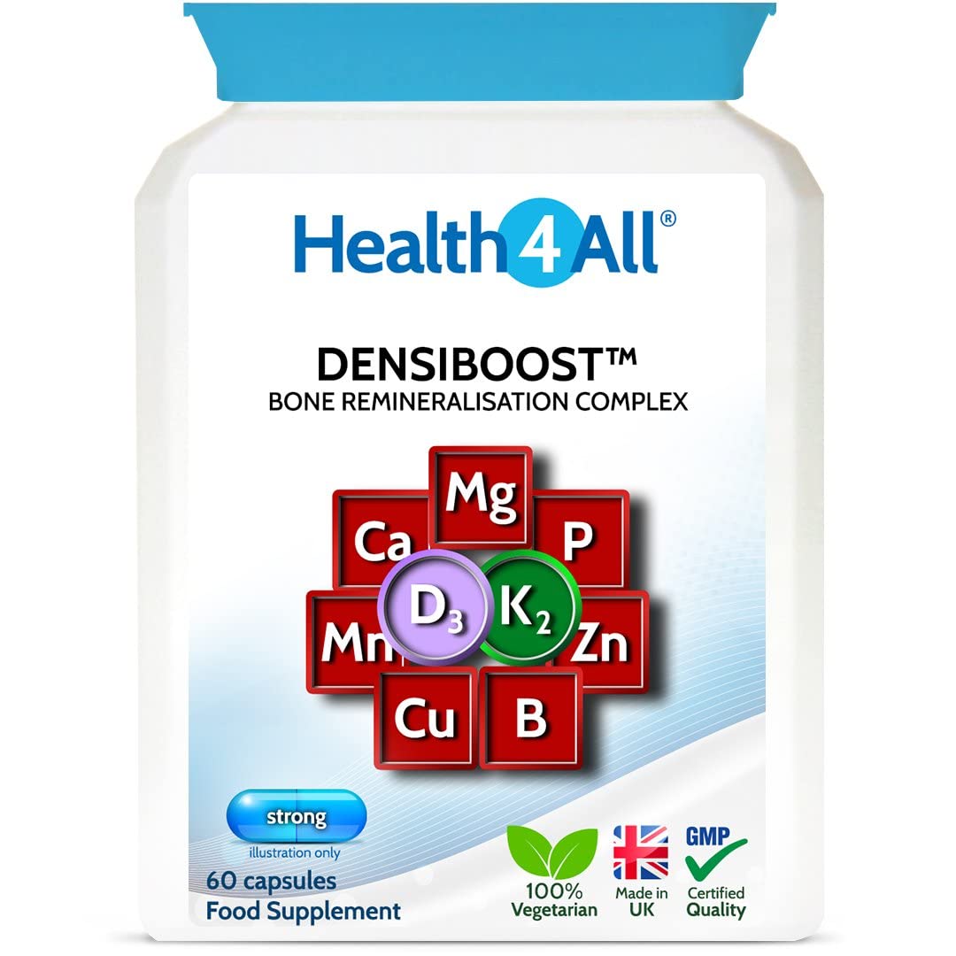 Densiboost Bone Remineralisation 60 Capsules (not Tablets) with Calcium, Magnesium, Manganese, Phosphorus, Copper, Boron, Zinc and Vitamins D3 and K2 MK-7. Made in The UK by Health4All