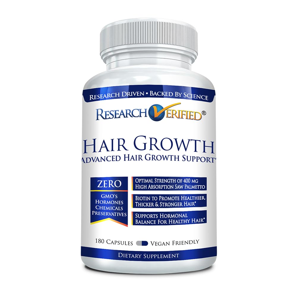 Research Verified Hair Growth Support - with Biotin, DHT Blockers & Vitamins - Hair Growth and Hair Loss Prevention - 180 Capsules - 3 Month Supply