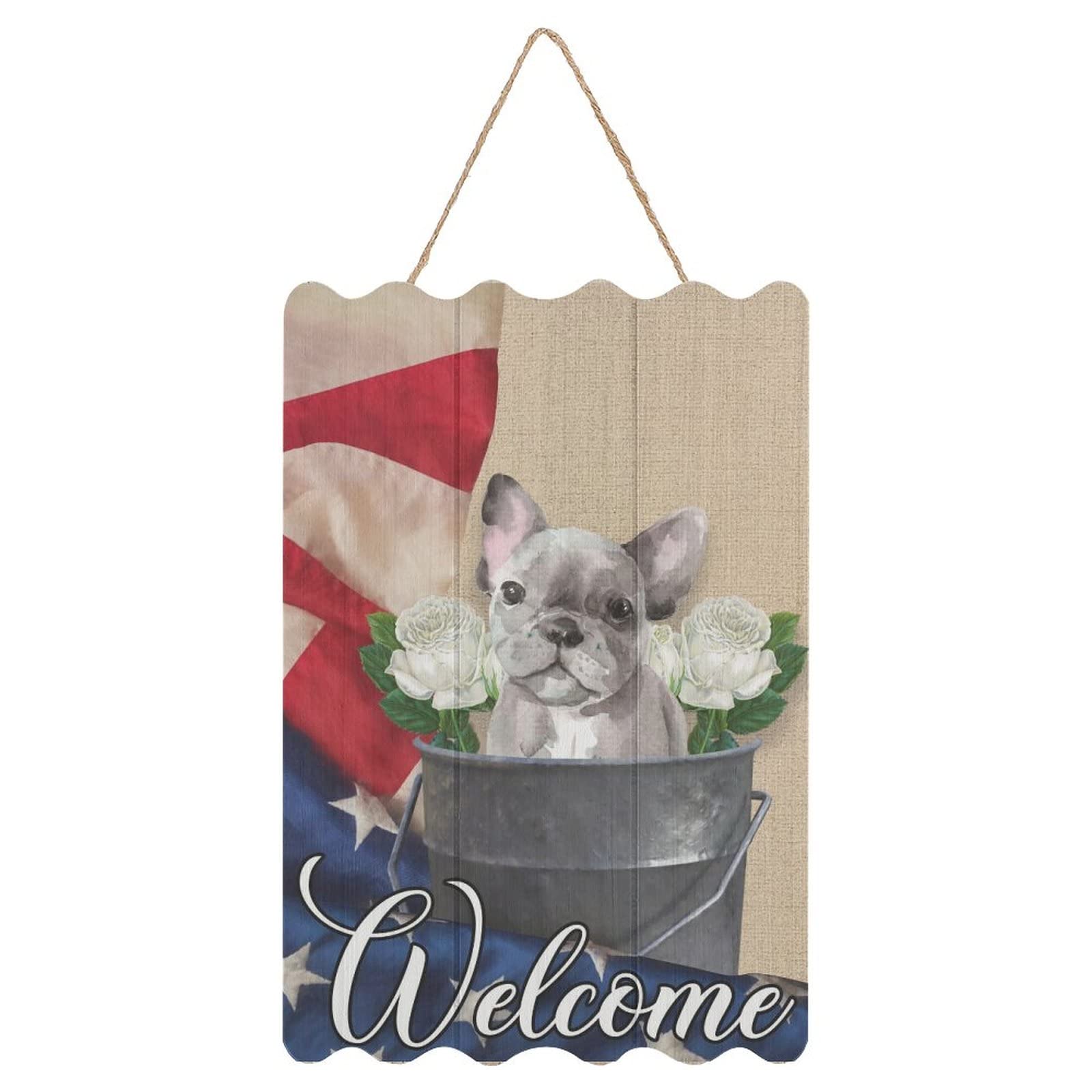 Welcome French Bulldog National Flag Wood Plaque, 4th of July Decorations Farmhouse Style Wall Hanging Sign Decorative Wall Decor 8×12 Inch Custom Sign